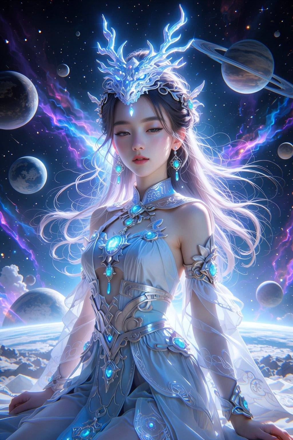 A celestial being,  a young woman of Asian ethnicity,  is positioned in the center by 天TIN on Tensor.Art