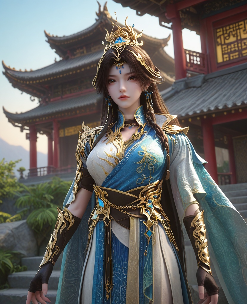 (oriental architecture, elegant decor, sophisticated style:1.1),(Widely opening legs, forming an inverted V shape,:1.1),(Directly from the front, capturing the full face and expression:1.1),(large breasts:1.2),<lora:XL16云深不知梦羲和第20集‌跃灵谷:0.95>,miss xihe,white and blue tiered hanfu,brown eyes,mole under left eye,black hair,very long hair,draped looped buns with front braid,hair ornament,jewelry,vambraces,black fingerless gloves,cape,sash,, score_9,score_8_up,score_7_up,score_6_up,score_5_up,score_4_up,3d rendering,tag1,tag2, Cinematic Lighting,backlighting,