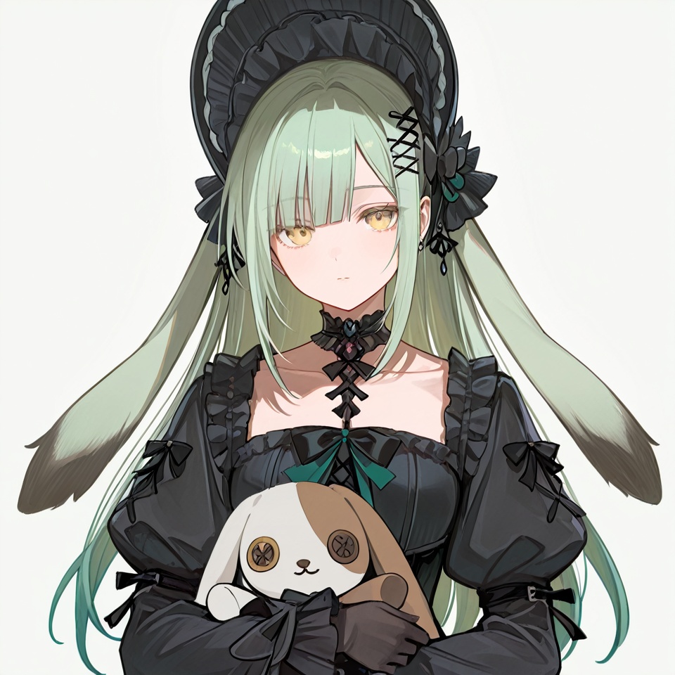 masterpiece, best quality,solo,(white background:1.2),simple background,1girl,looking at viewer,         Wakaba Mutsumi,long hair,green hair,bangs,blunt bangs,yellow eyes,hair ornament,hairclip,blonde hair, gloves, long sleeves, dress, bow,flower,boots,frills, choker, black gloves,black footwear,black dress, black headwear,black bow, black choker,stuffed toy,frilled dress, knee boots, stuffed animal, lolita fashion, bonnet,collarbone,thighhighs,hat,jewelry,puffy sleeves,black thighhighs,high heels, gothic lolita, stuffed bunny,Lop Ear,animal ears<lora:舟睦1ll10:0.8>