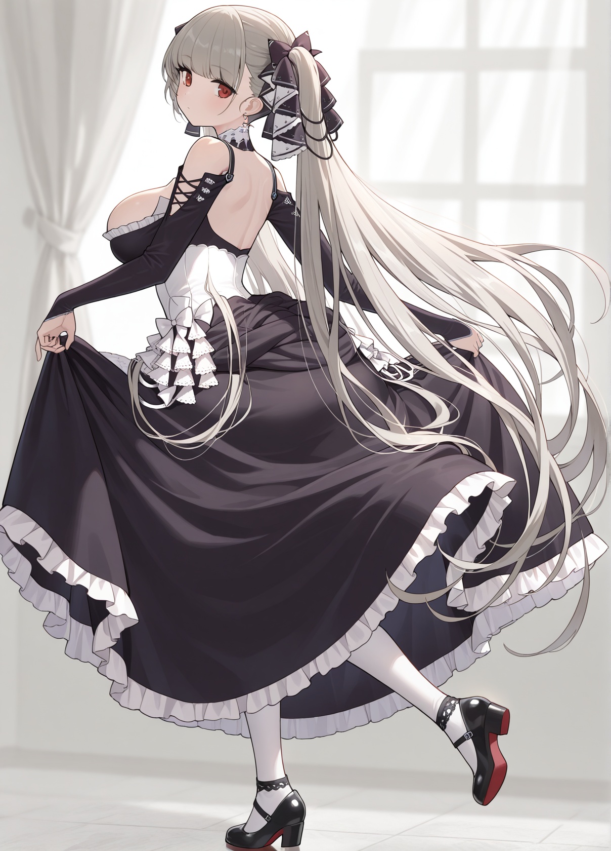 <lora:formidable_IL_v1.0:1>,formidable \(azur lane\),looking back,skirt lift,from side,standing on one leg,white pantyhose,shoes,, masterpiece,best quality,