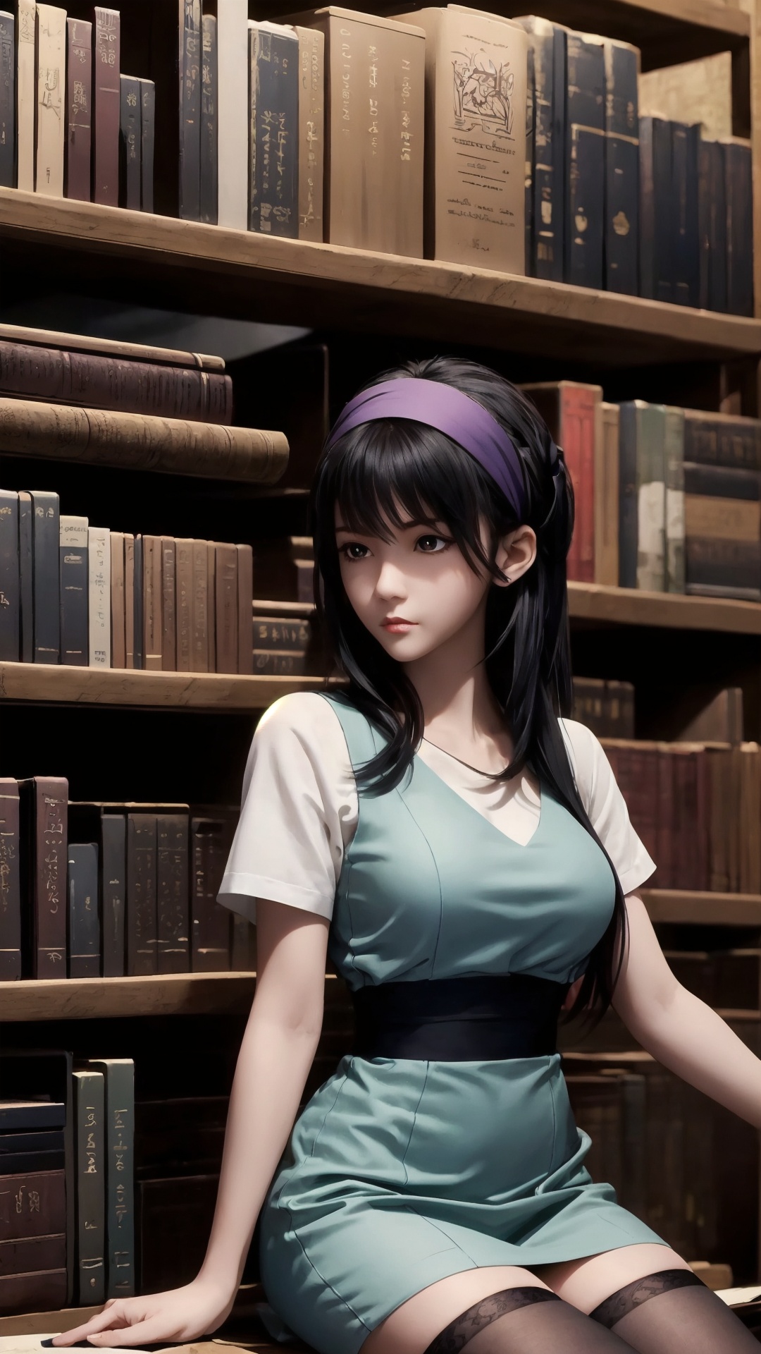The image is a digital illustration of a young woman sitting on a bookshelf in a library. She is wearing a light blue dress with a high neckline and short sleeves. She has long black hair styled in a sleek bob with bangs and is wearing black stockings and a headband. The woman is looking directly at the camera with a serious expression on her face. Behind her,there are several bookshelves filled with books and a vase with a plant on top. The overall mood of the image is dark and mysterious.,<lora:1.5端木蓉(6):0.8>,