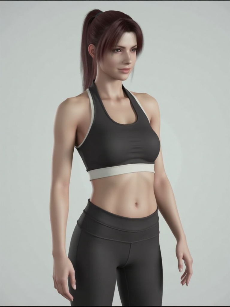A CGI rendering of the digital image shows a young woman with fair skin,medium-length straight hair tied back,wearing a tracksuit,yoga pants,