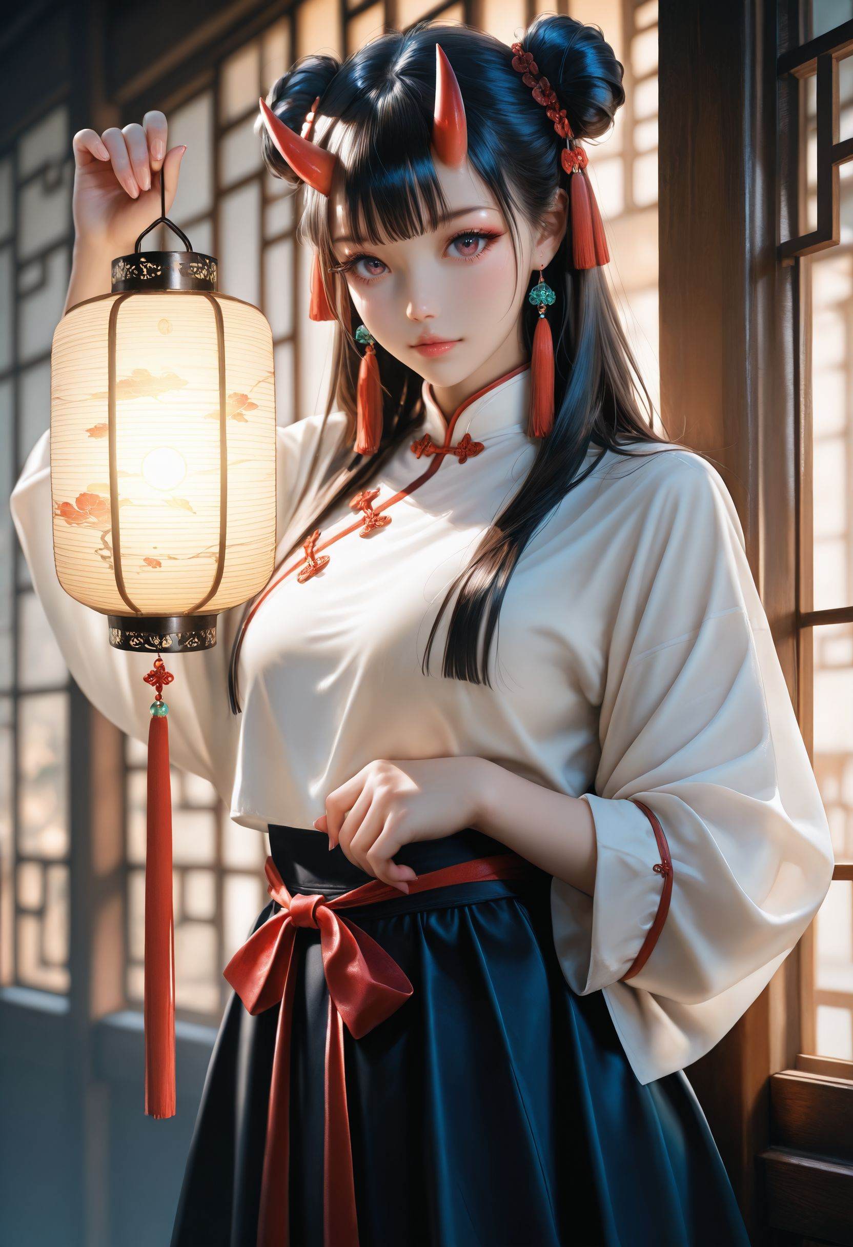 masterpiece,best quality,very aesthetic,intricate detail,sharp focus,absurdres,high resolution,newest,realistic,photorealistic,1girl,solo,long hair,oni horns,black hair,hair bun,double bun,eyelashes,holding lantern,shirt,skirt,long sleeves,ribbon,white shirt,short sleeves,black skirt,puffy short sleeves,chinese clothes,jewelry,tassel,earrings,tassel earrings,tassel hair ornament,looking at viewer,
