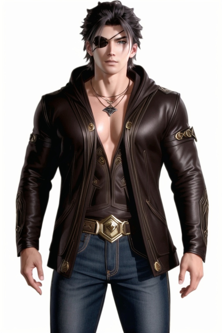 ((HRD, HUD, 8K)),((masterpiece, best quality)), highly detailed, soft light,1boy, solo, black hair, brown eyes, eyepatch, scar, scar on face,necklace, jewelry, muscular, (hoodie:1.2),simple background, white background, cowboy shot, standing, looking at viewer,  <lora:20240325-1711375441925:0.68>