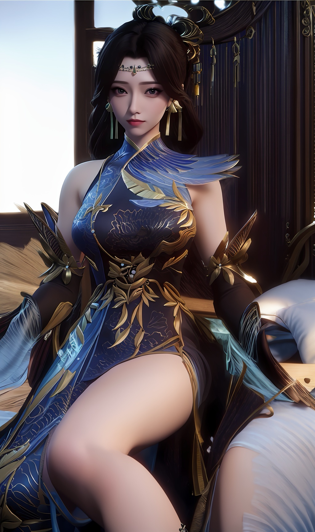 3D,masterpiece,(best quality),(makeup),official art, extremely detailed cg 8k wallpaper,((crystalstexture skin)), (extremely delicate and beautiful),(highly detailed),(braided_hair),(hairpin),(1girl), (solo), (jewelry), (earrings),(black_hair),(long_hair),(hair_ornament),(handwear),(breasts),(sitting),(collar),,(upper_body),(multicolored_clothes),(multicolored_dress),(chinese_clothes),(adapted_costume),(sunshine, outdoor,bed),((looking_at_viewer)),((Facing the camera)),, <lora:hipoly3DModelLora_v10:0.3>