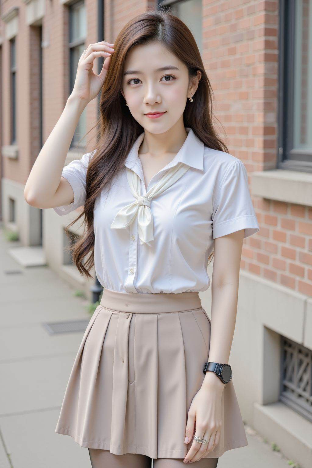 A young woman stands outdoors near a brick building with windows. She wears a white short-sleeved collared shirt paired with a tie that has a bow at the collar. Her skirt is a pleated design,and she has on black tights. Her long,dark hair flows down her back,and she wears a black wristwatch on her left wrist. One hand is raised,gently lifting a strand of hair,while the other hand rests by her side. The background features a brick wall with a window and a sidewalk,with some blurred architectural details. The overall scene is well-lit,suggesting daytime.,