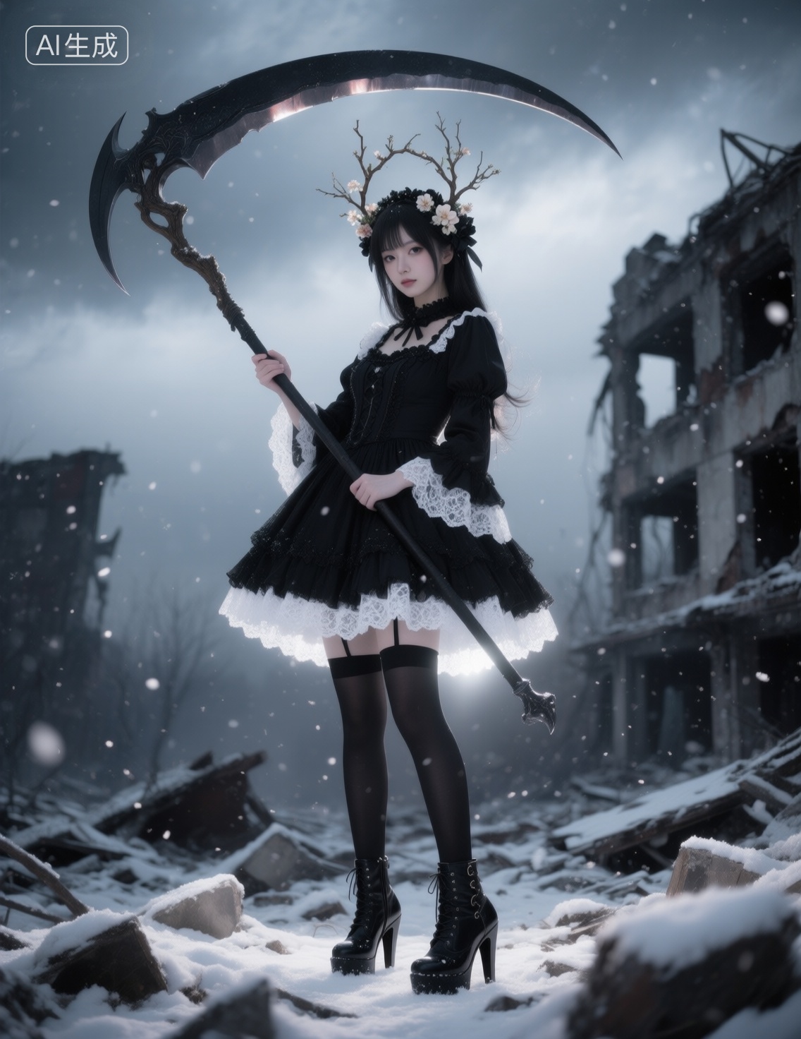 cosplay,zh,jp,sy,一位身着黑色洛丽塔风格服装的女性,手持一把巨大的镰刀,站在一片废墟之上,她的服饰精致,带有白色蕾丝装饰,搭配黑色长袜和高跟靴,整体造型优雅而神秘,头饰由树枝和花朵组成,增添了一丝自然的气息,背景是阴沉的天空和破败的建筑物,营造出一种末日后的氛围,呈现出柔和的光泽,边缘和身体轮廓泛着柔光移轴摄影,暗夜微光,暗黑魔幻精致妆容,眼眸看向镜头,柔焦,华丽光影,高雅气质,柔和灯光,超清高细节,仙气,唯美造型,高清特写,朦胧眼睛狭长,极致超清细节,光影交错对比斑斓气质,大雪纷飞,girl,, Negative prompt: ng_deepnegative_v1_75t,(badhandv4:1.2),EasyNegative,(worst quality:2),,nsfw, Steps: 40, Sampler: Euler, CFG scale: 4.0, Seed: 509735667, Size: 1140x1472, Model hash: 98763a1277, Model: Qwen-Image_1.0.safetensors, Denoising strength: 0, RNG: CPU, Lora 1: 20251122-1763794867058-0001, Lora Hash 1: 0566c82ecb, Lora Weight 1: 0.6, Lora 2: 星美通义千问_亚洲人像摄影, Lora Hash 2: 62d8c8ddd6, Lora Weight 2: 0.1, Lora 3: Qwen_昭和美人复古摄影, Lora Hash 3: 7252b4b796, Lora Weight 3: 0.1, Lora 4: 星美Qwen_超现实氛围感人像摄影, Lora Hash 4: 94cce42ff9, Lora Weight 4: 0.1, vae_name: automatic