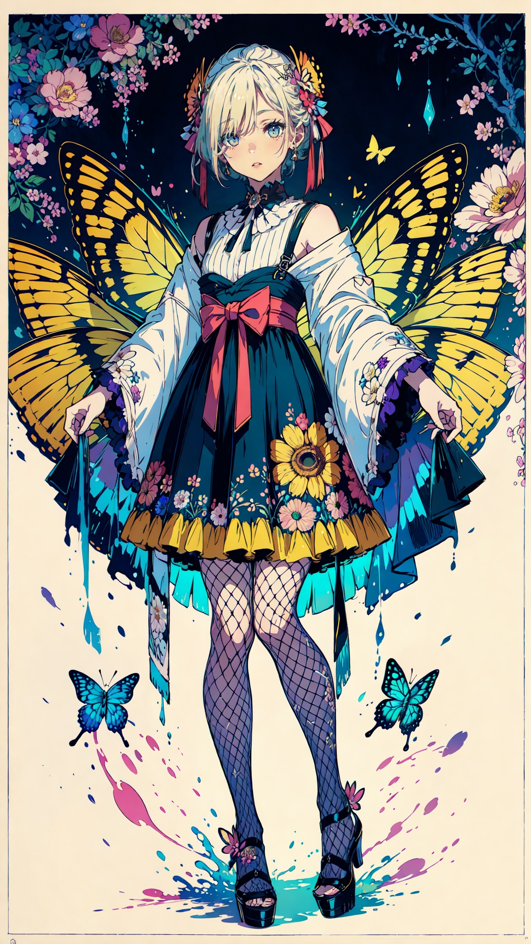 fishnet  pantyhose,high heels,(masterpiece:1.1),(highest quality:1.1),(HDR:1),ambient light,ultra-high quality,( ultra detailed original illustration),(1girl, full body),((harajuku fashion)),((flowers with human eyes, flower eyes)),double exposure,fusion of fluid abstract art,glitch,(original illustration composition),(fusion of limited color, maximalism artstyle, geometric artstyle, butterflies, junk art),<lora:merged_0013:0.6>,