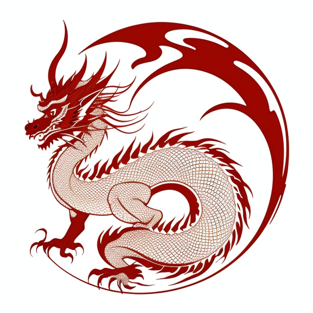 dragon pattern, flat, white background, monochrome, full body, from side, no humans, fangs, red theme, eastern dragon,<lora:lbc_Dragon_pattern:0.4>,