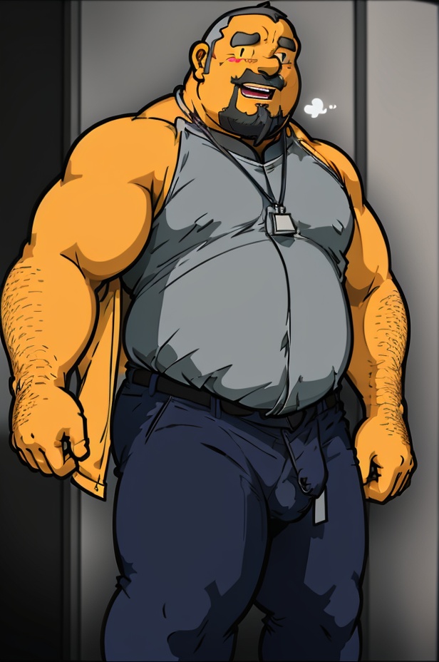 1man, Kamura, plump, male focus, very short hair a cartoon of man with a jacket on his shoulders and a belt around his waist, goatee, bulge, dark_skin, <lora:SD1.5_KAMURA.V1:0.8>
