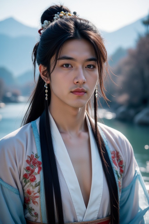 <lora:20250110_AgainCharacters_Flux:1>, 1boy, male focus, solo, jewelry, hair ornament, chinese clothes, black hair, hair bun, long hair, mountain, outdoors, water, see-through, looking at viewer