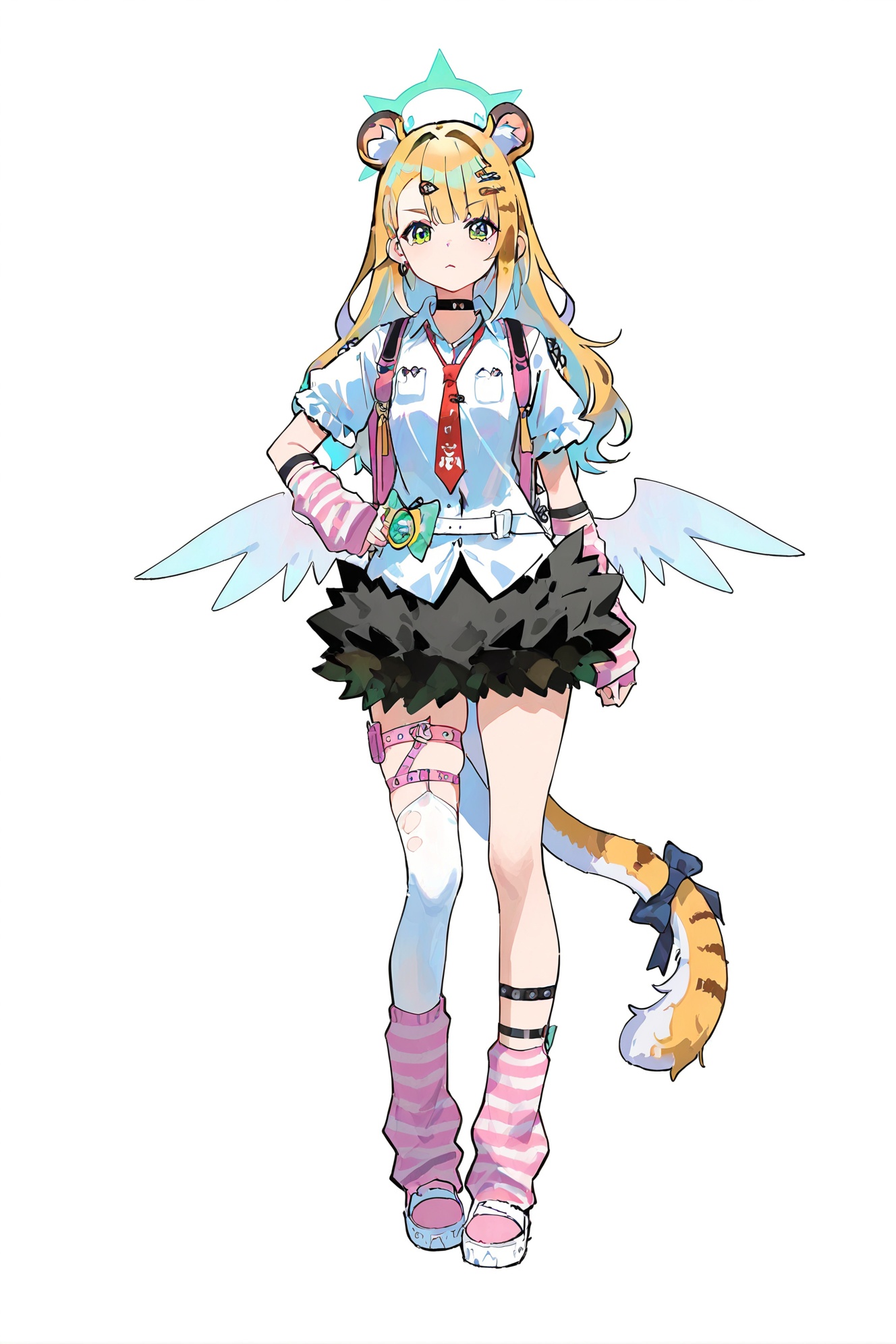 8k,best quality,masterpiece,(ultra-detailed),(high detailed skin),((artist:reoen),(artist:fuzichoco),(artist:atdan),(artist:torino_aqua),year 2024:0.8)1girl,[artist:wlop],[artist:ningen_mame],artist:ciloranko,[[artist:rhasta]],artist:tidsean,colorful,full body,full shot,standing,(solo:1.2),simple background,(white background:1.2),hand on own hip,(white background:1.1),looking at viewer,<lora:jufufu-noob-Tanger:0.8>,Ju fufu \(Zenless Zone Zero\),tiger girl,1girl,green eyes,animal ears,blonde hair,long hair,bangs,tail ornament,<lora:Sunna-will-Tanger-000014:0.8>,clothes: def-aido white shirt with balck skirt,asymmetrical legwear,1girl,skirt,shirt,jewelry,short sleeves,earrings,wings,necktie,choker,wings,hairclip,halo,pink backpack,white single torn thighhigh,