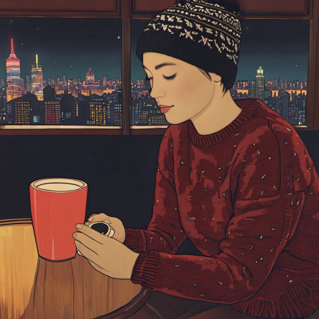 <lora:ukiyo-e_xl:1>,1girl,solo,short hair,black hair,long sleeves,hat,holding,sitting,closed eyes,indoors,sweater,cup,profile,phone,table,cellphone,steam,plate,beanie,drinking,red sweater,city lights,restaurant,from side,window,night,holding cup,smartphone,an animated character,possibly a young girl,sitting in a dimly lit room,she is wearing a winter sweater with a patterned design and a beanie hat,holding a cup possibly containing a warm beverage and is looking out of a window,the window offers a view of a cityscape with neon lights including a sign that reads 'motel',the room has a wooden table with a few items on it including a plate with a piece of bread and a smartphone,serene and introspective with a touch of nostalgia,character,cityscape,neon lights,sign,bread,