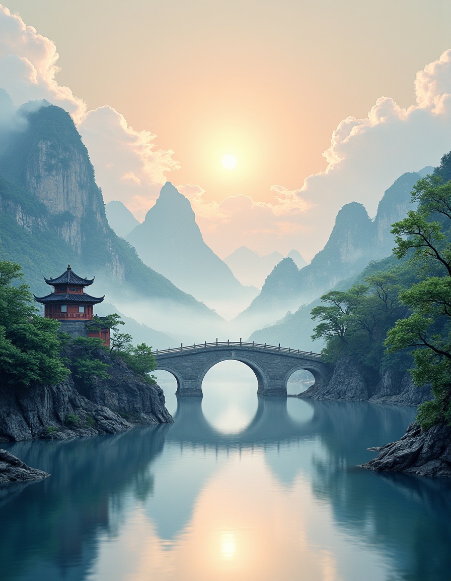 Chinese style landscape,scenery,no humans,architecture,tree,cloud,mountain,sky,outdoors,sun,water,building,bridge,river,pagoda,Reflection,(HRD, HUD, 8K),(masterpiece, best quality),highly detailed,