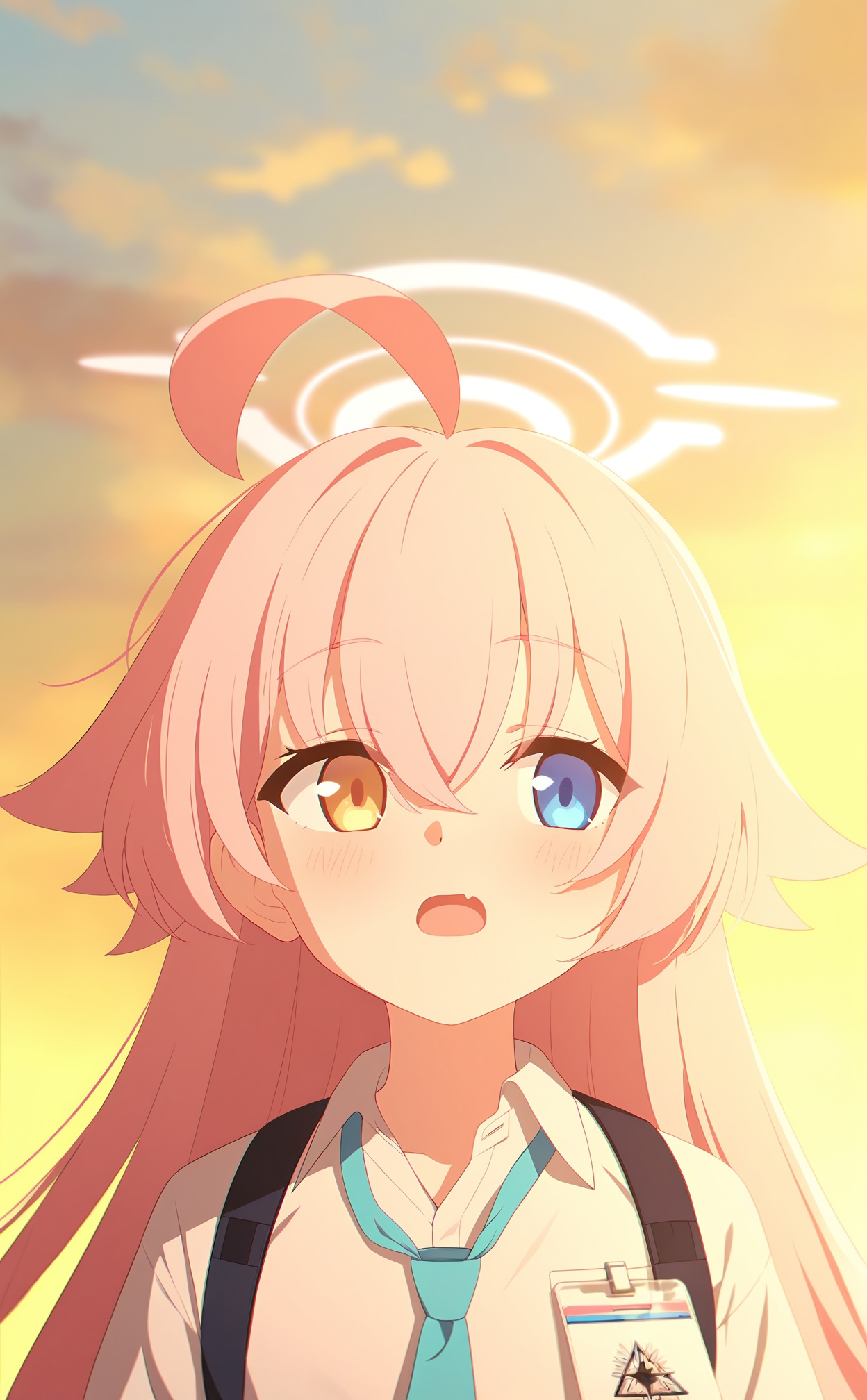 masterpiece,highres,absurdres,newest,best quality,high quality,loli,petite,chromatic_aberration,//,1girl,hoshino_\(blue_archive\),solo,shirt,ahoge,halo,heterochromia,necktie,blue_eyes,white_shirt,collared_shirt,pink_hair,long_hair,yellow_eyes,fang,open_mouth,hair_between_eyes,blue_necktie,pink_halo,upper_body,harness,chest_harness,looking_to_the_side,looking_afar,outdoors,huge_ahoge,blush,shoulder_strap,id_card,skin_fang,hair_flaps,strap,sunset,crossed_bangs,//,<lora:ba44——【noob】hans:1>,