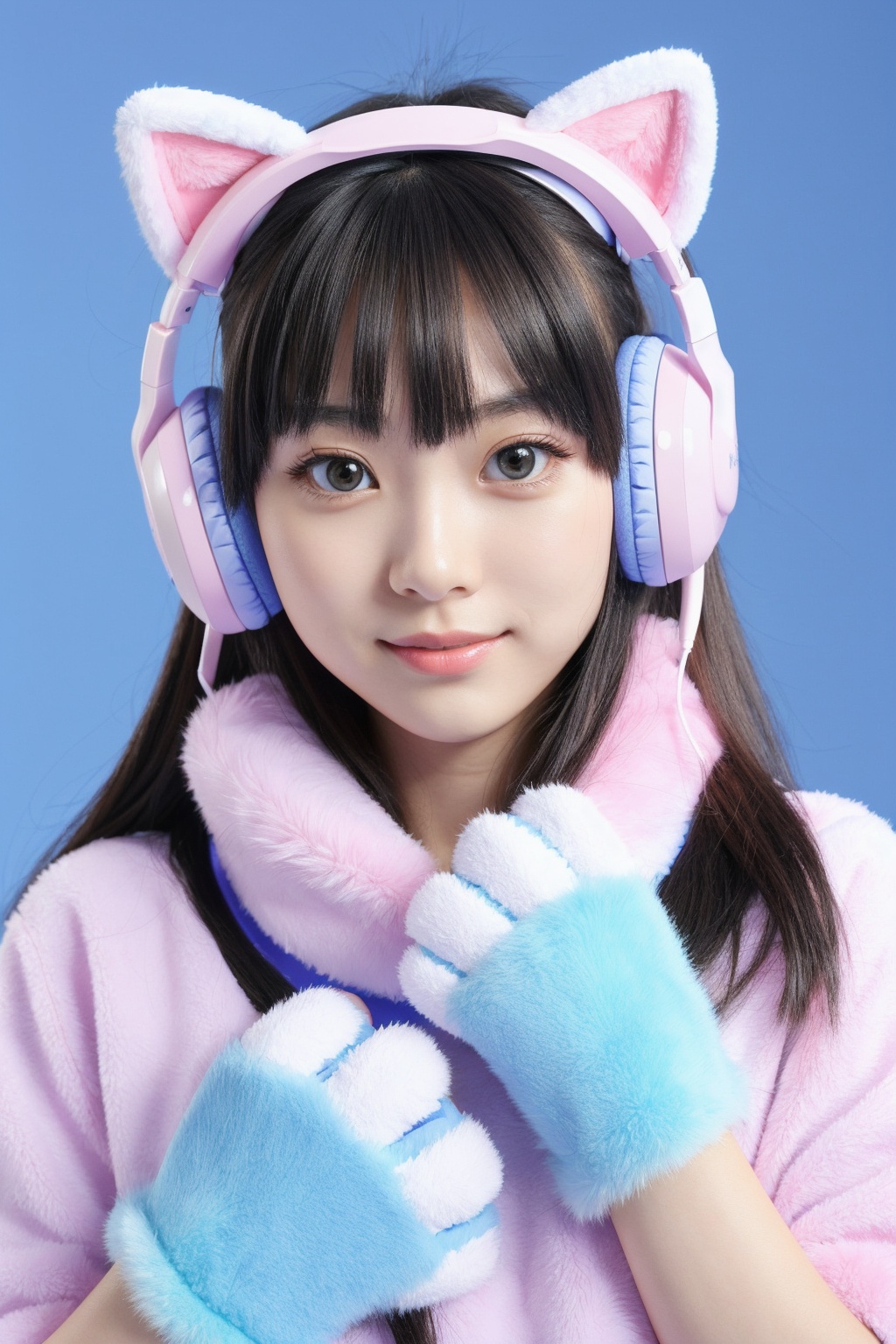 1girl,20 years old,asians,Wearing blue electronic sports headphones and furry paws gloves,Big Eyes,(neko:1.1),( pastel :1.2),( Kawai mood :0.9),ultra realistic,high-definition,hd,8k,