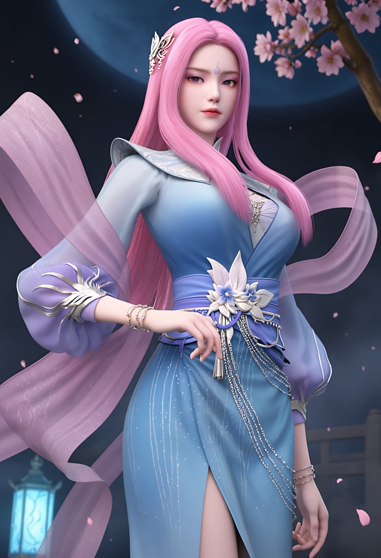 (standing full_body:1.1),looking at viewer:1.1,masterpiece,(best quality),smog,Dark room,dim lighting,peach blossom,falling petals,<lora:YQ_Illustrious光辉v5_玄月_V1:0.8>,q1528437228,1girl,long hair,pink hair,solo,forehead mark,dress,hair ornament,blue dress,jewelry,sash,purple eyes,bracelet,pink eyes,shawl,long sleeves,hagoromo,