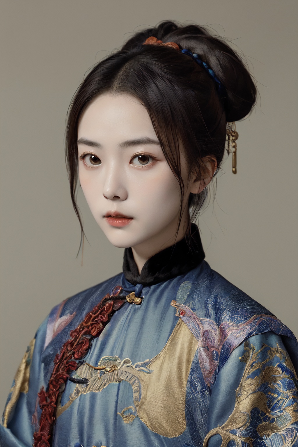 masterpiece,best quality,<lora:清代宫廷人设:0.8>,close-up,hair_bun,qing dynasty clothing,portrait,ancient china,simple_background,portrait,looking at the camera,带着帽子的男人,