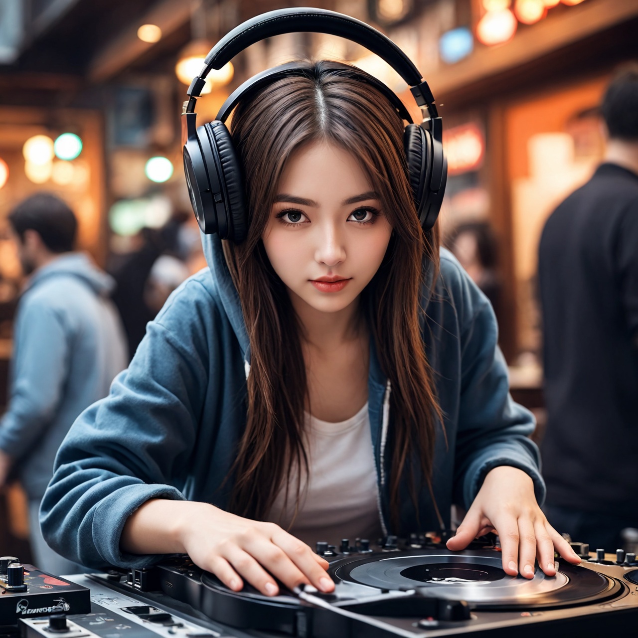 beats headphones, pioneer DJ turntable, DJ CONTROLLERS, txt "404 found!", cowboy shot, 1girl, cowboy shot, hoodie, cartoon saloon, :d, dj play, blurry background, looking downfrom behind