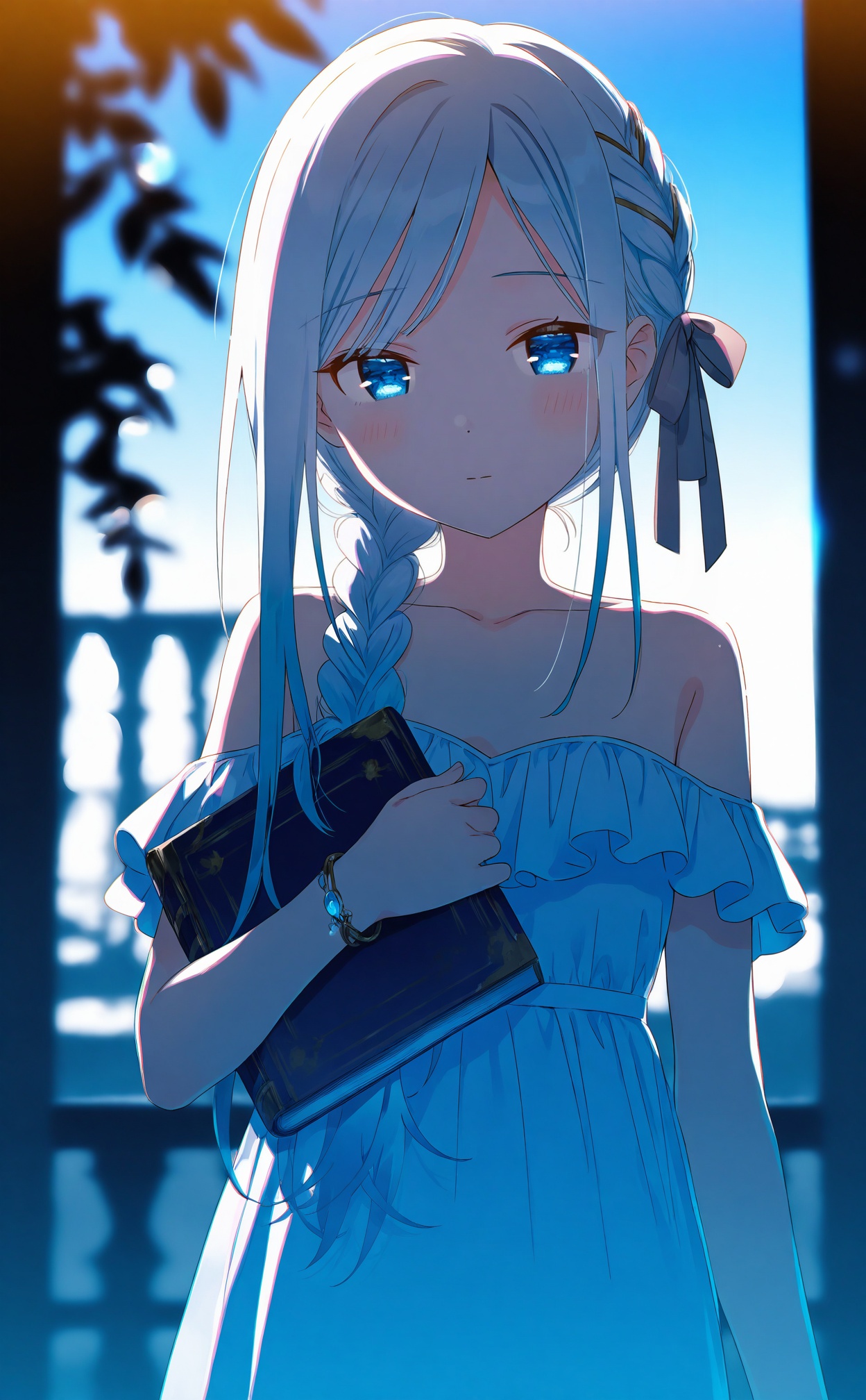 masterpiece,absurdres,best quality,loli,petite,high quality,chromatic_aberration,dark,black theme,//,1girl,solo,braid,off-shoulder_dress,blue_eyes,holding,dress,looking_at_viewer,long_hair,white_dress,closed_mouth,bracelet,blue_hair,off_shoulder,bare_shoulders,jewelry,outdoors,single_braid,yoisaki_kanade,upper_body,book,grey_ribbon,blurry,bow,brown_bow,sidelocks,ribbon,braided_bangs,holding_book,blurry_background,day,hair_over_shoulder,light_blue_hair,dot_nose,gradient_hair,white_hair,sky,backlighting,frills,strapless,braided_ponytail,multicolored_hair,blue_sky,hair_ribbon,flat_chest,official_alternate_costume,grey_bow,official_alternate_hairstyle,strapless_dress,collarbone,blue_theme,//,<lora:degrees_25——【CKXL】hans:1>,