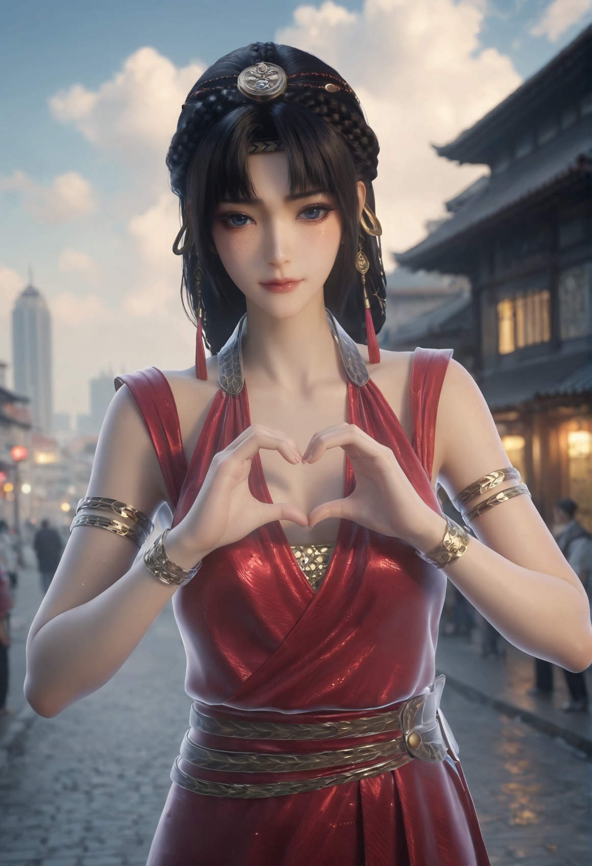 (score_9),<lora:研丽-Apony:0.85>,yanli,(mature_female:1.1),solo,black hair,braid,hair tassel,hair ornament,freckles,bangs,sleeveless dress,armlet,belt,bracelet,<lora:perfect eyes_v1:0.8>,front view,looking at viewer,blue eyes,<lora:Expressive_H-000001:0.8>,(heart hands),(glamor:1.2),collarbone,pointy breasts,puffy breasts,large breasts,curvy,outdoors,street,blue sky,blur background,building,city,cloud,cloudy sky,day,depth of field,<lora:e肤色滑块:0.5>,<lora:e色温:-0.35>,