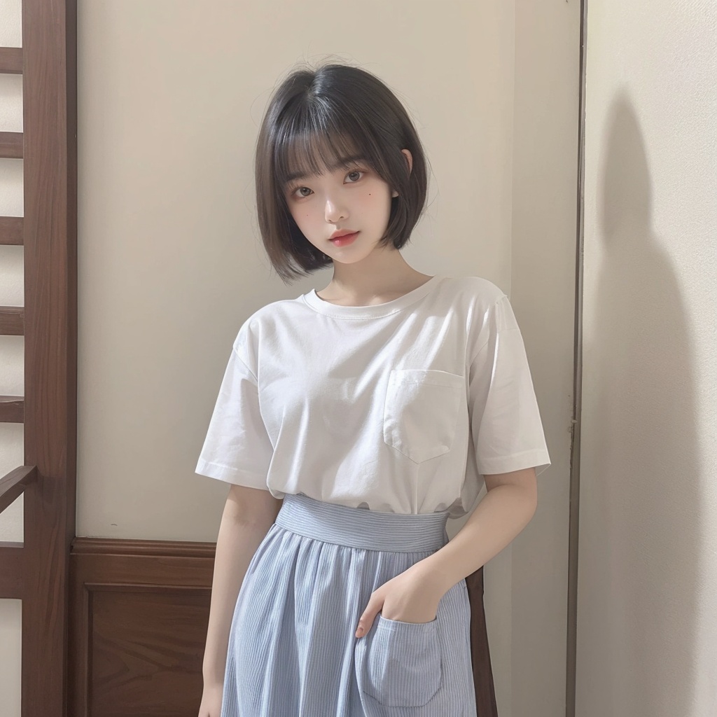 masterpiece, best quality, 32k, insane details, intricate details,,1girl, fashion photography, in style of angura kei，hime - cut, straight hair，in a minimalist Misasakan room，high-wistskirt，cllaredshirt，(short hair:1.4)，striped，blunt bangs，(Mole under eye:1.0),hand in pocket，flower，,<lora:meinv76:0.6>