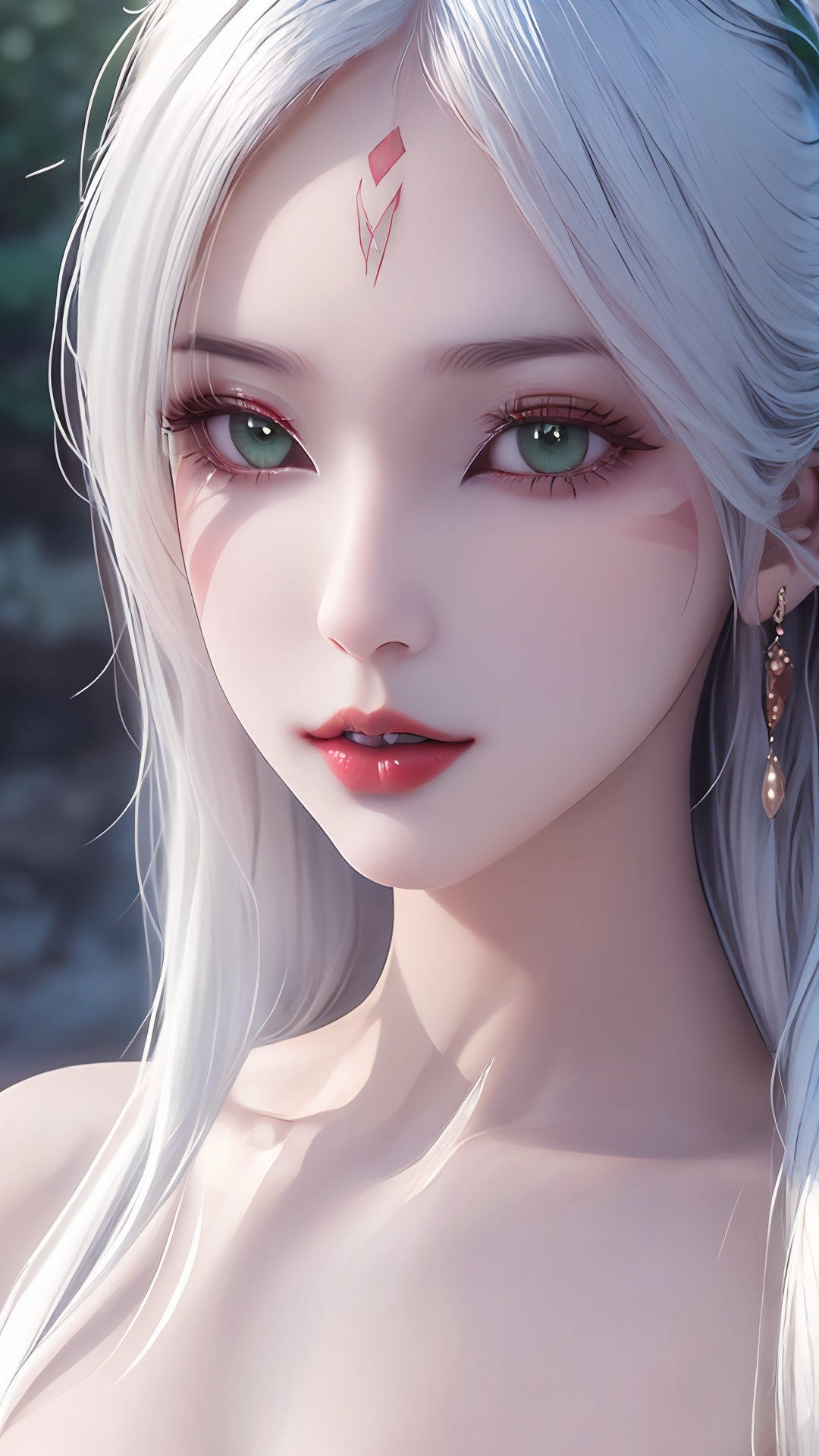 1girl,solo,green eyes,long hair,white hair,looking at viewer,facial mark,lips,blurry background,blurry,portrait,forehead mark,red lips,bare shoulders,closed mouth,makeup,<lora:girl xiaobai_20240912002955:0.8>,