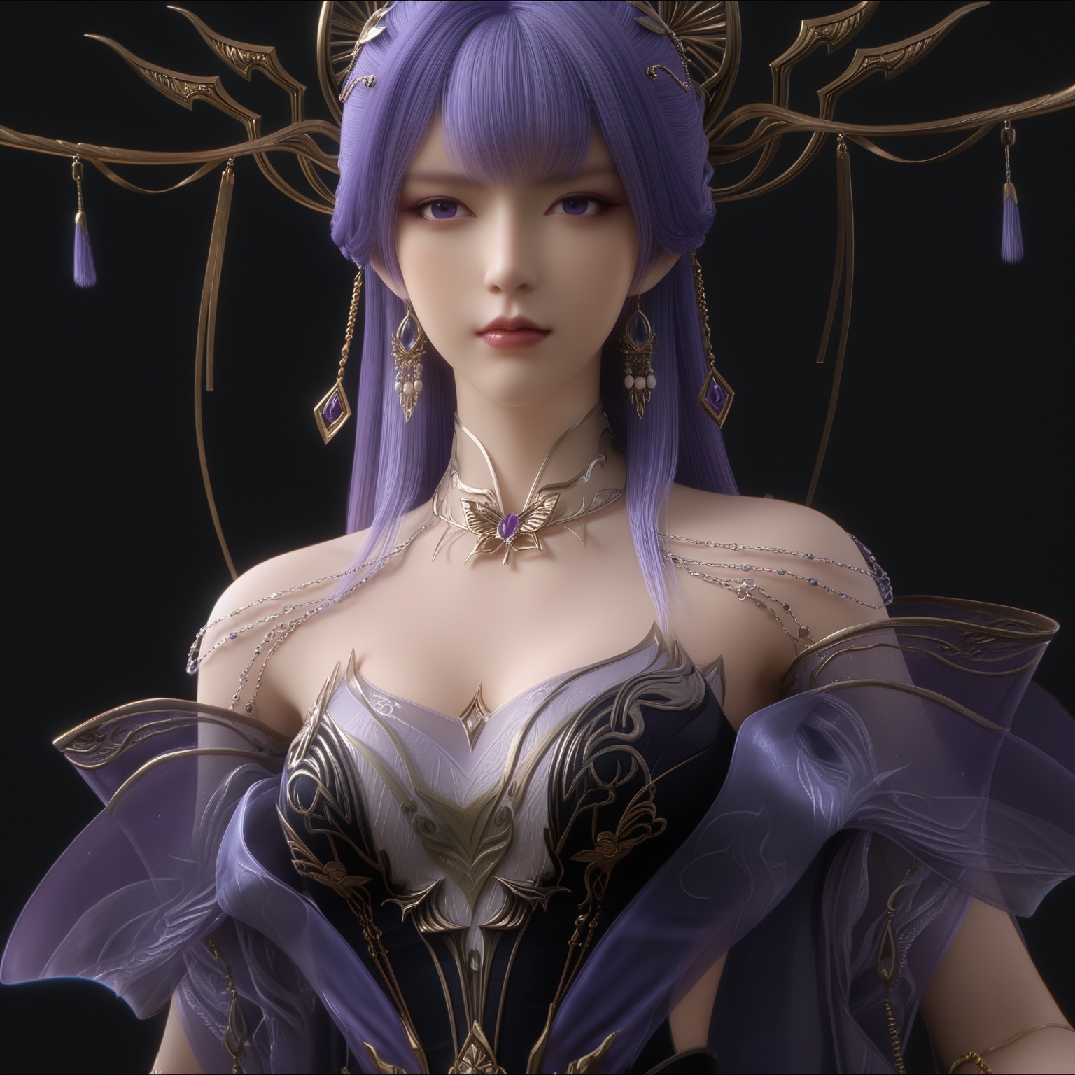 masterpiece,best quality,absurdres,highres,1girl,solo,<lora:新-天穹-ill:0.85>,upper body,BREAKpurple and black,long hair,purple hair,jewelry,ornate hair ornament,golden headpiece,long dangling earrings,antler-like crown,tassel headdress,collarbone,choker,shoulder chains,arm chain,sheer overlay,corset top,BREAK(white_skin:1.1),(fair_skin:1.1),realistic,simple background,black background,