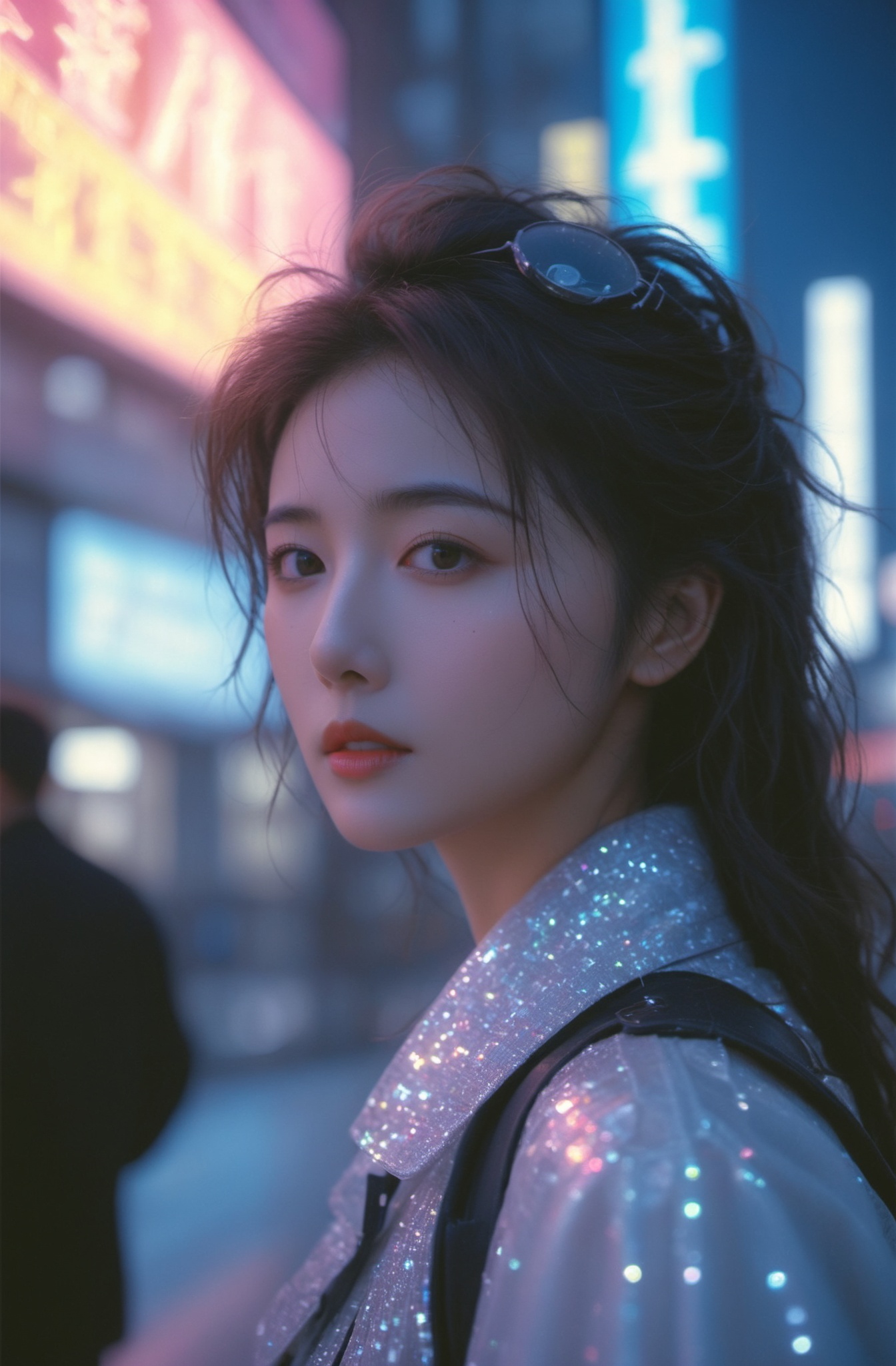 Cyberpunk,a woman leaning against ,from side,close-up,A girl at the crossroads of a London street with a busy street in the background,by night, Intricate light,rotate focus,lens_flare,light particles,Film texture,KODAK Ektar 100