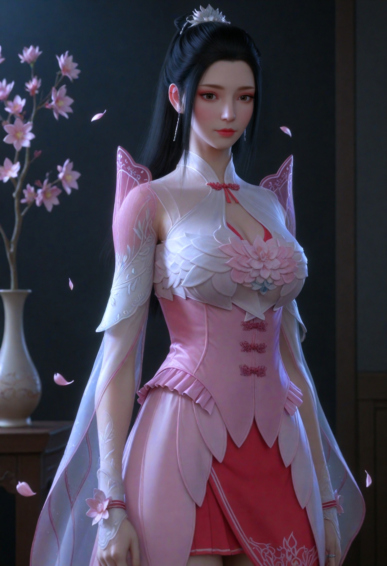 (cowboy shot:1.2),(gigantic breasts:0.6),(slender:1.3),(looking_at_viewer:1.1),(masterpiece:1.1),(best quality:1.2),(intricate details),dim lighting,(smog:1.3),(Dark room:1.3),(dim lighting:1.3),peach blossom,falling petals,<lora:YQ_li光辉v5_薰儿粉衣_V1:0.8>,1girl,q1528437228,solo,black_hair,long_hair,dress,hair_ornament,pink_dress,ponytail,jewelry,hair_bun,earrings,see-through_sleeves,see-through,single_hair_bun,long_sleeves,skirt,brown_eyes,corset,flower,ring,white_dress,realistic,thighhighs,cleavage_cutout,masterpiece,(best quality),(intricate details:0.9) BREAK masterpiece,(best quality),(intricate details:0.9),(realistic skin:1.2),