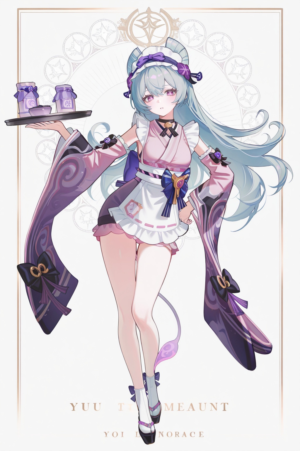 8k,best quality,masterpiece,(ultra-detailed),(high detailed skin),safe_pos,masterpiece,absurdres,newest,iumu,shinanoya \(satanicad\),jima,(whitebc:0.75),reoen,(healthyman:0.5),yoshinari you,full body,full shot,standing,looking at viewer,(solo:1.2),hand on own hip,<lora:cardstyle-gnoob-Tanger-000013:0.8>,cardstyle,border,tarot,<lora:mjyue-IL-Tanger:0.8>,Yumemizuki Mizuki /(Genshin Impact/),clothes: purple kimono with white apron and maid headdress,tail,1girl,japanese clothes,wa maid,purple flower,purple eyes,detached sleeves,apron,maid headdress,long hair,A full-body portrait of a young girl,standing gracefully,pastel art style,high-key lighting,shoujo manga influence,hd quality,delicate details,