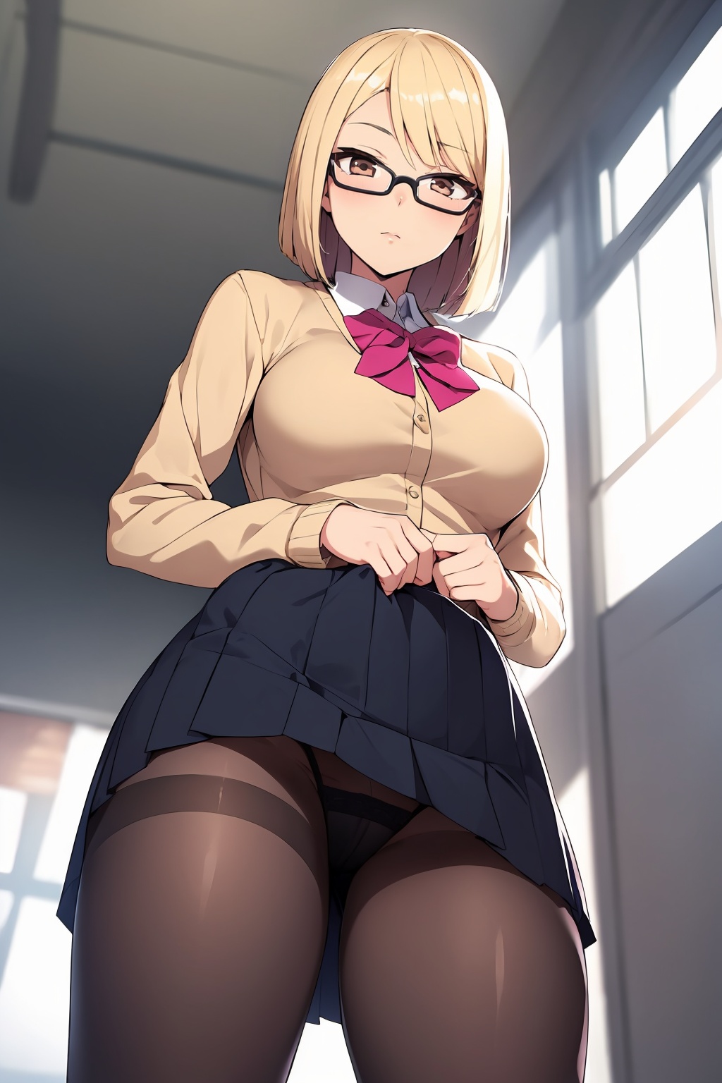anime girl in glasses and a skirt with a folder in her hand,  1girl,  solo on Tensor.Art