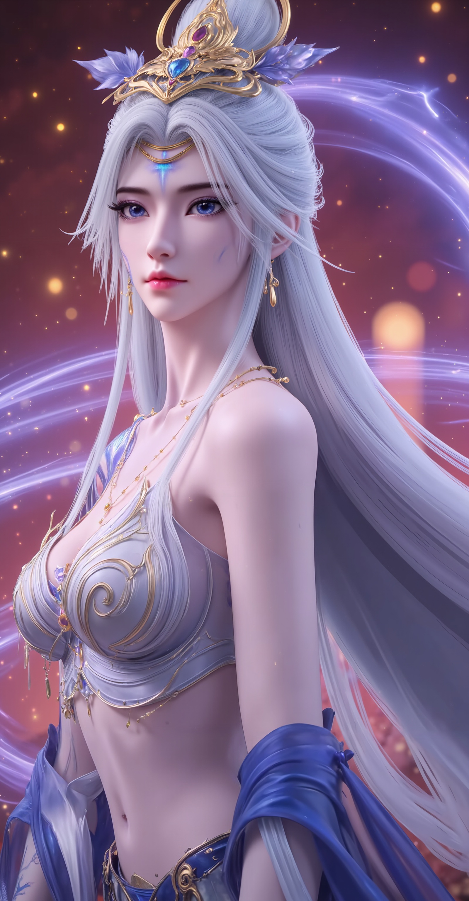 <lora:莫仙·10:1.1>,moxian,1girl,solo,long hair,blue eyes,hair ornament,white hair,jewelry,tattoo,blue tattoo,(cowboy_shot:1.1),crop_top,skirt,navel,tattoo,blue tattoo,right arm tattoo,stomach_tattoo,<lora:DJ滤镜_2.5D版:0.3>,lvjing,<lora:绚丽多彩·10:0.4>,guoman,close-up details,outstanding style,adding a touch of dimension to your images without compromising details,whirls of vapor,iridescent textures,(Anime:1.1),ethereal ambiance,delicate details,magical high-concept,32K UHD,sharp focus,best-quality,masterpiece,golden hour,unconventional supreme masterpiece,masterful details,temperate atmosphere,with a high-end texture,in the style of fashion photography,photography,cover,dynamic angle,dynamic posture,extreme aesthetic,masterpiece,best quality,good quality,very aesthetic,absurdres,visual impact,a shot with tension,ultra-high resolution,32K UHD,sharp focus,best-quality,masterpiece,emotionalization,unconventional supreme masterpiece,masterful details,temperate atmosphere,with a high-end texture,in the style of fashion photography,(visual impact:1.2),giving the poster a dynamic and visually striking appearance,impactful picture,official art,colorful,splash of color,movie perspective,masterpiece,best quality,amazing quality,very aesthetic,absurdres,best quality,newest,