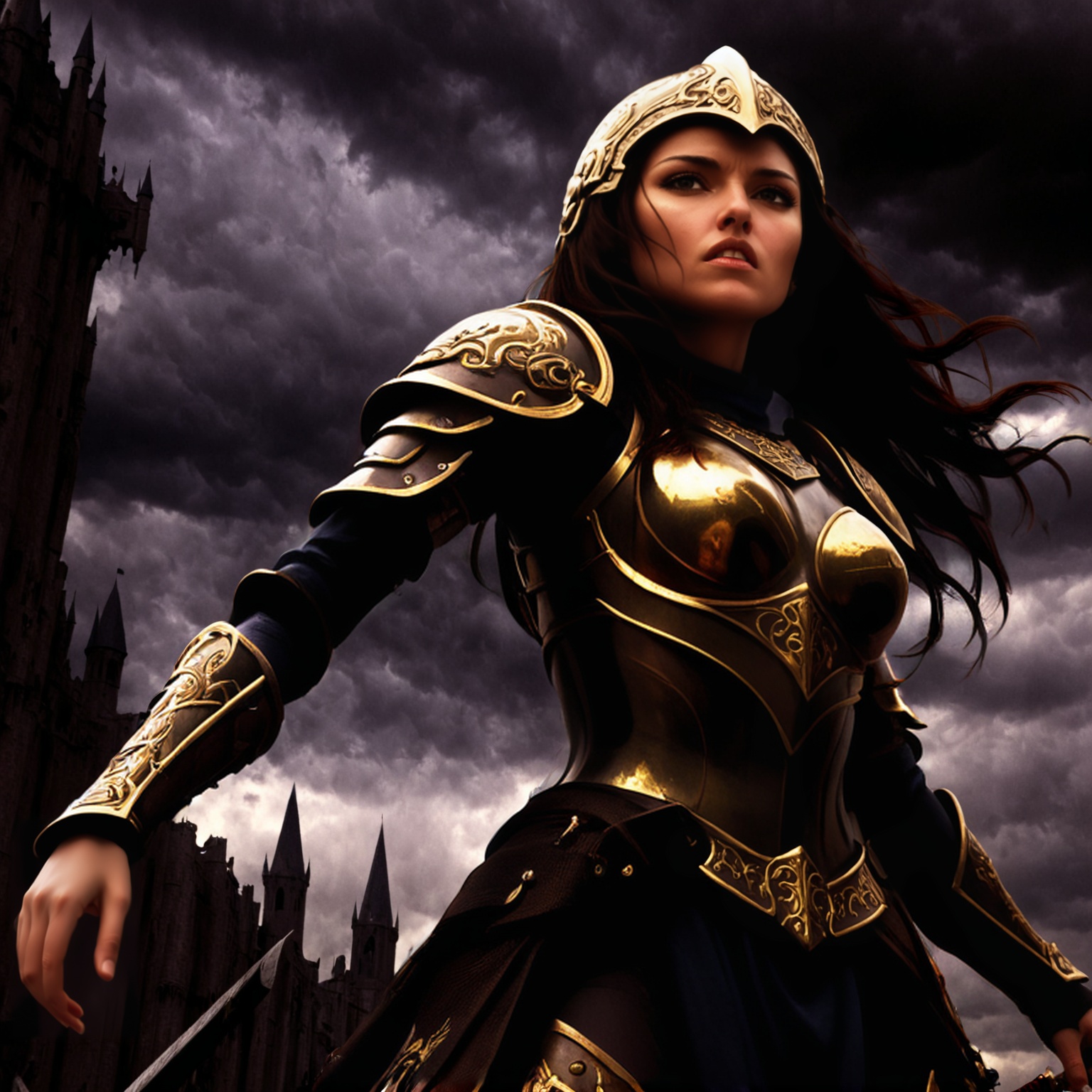 closeup low angle,  A female warrior in dark,  ornate armor on Tensor.Art
