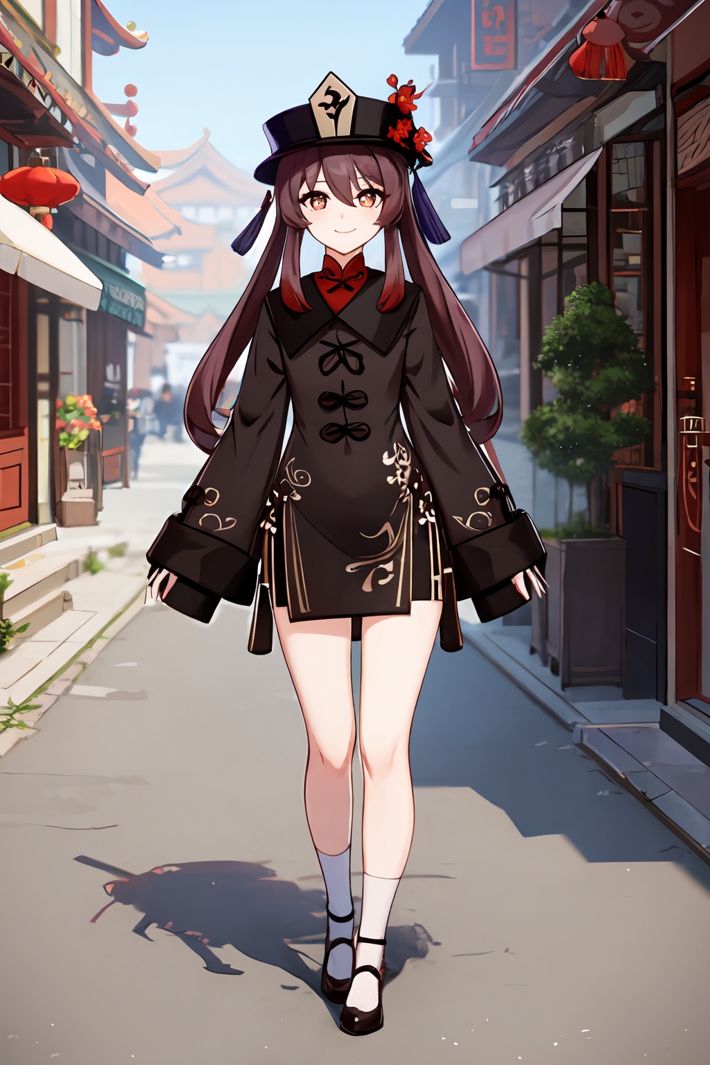 masterpiece,best quality,hu tao,1girl,solo,china_dress,looking at viewer,full body,plum-shaped pupils,standing,smile,<lora:hutao-000009:0.6>,cafe,street,cityscape,east asian architecture,
