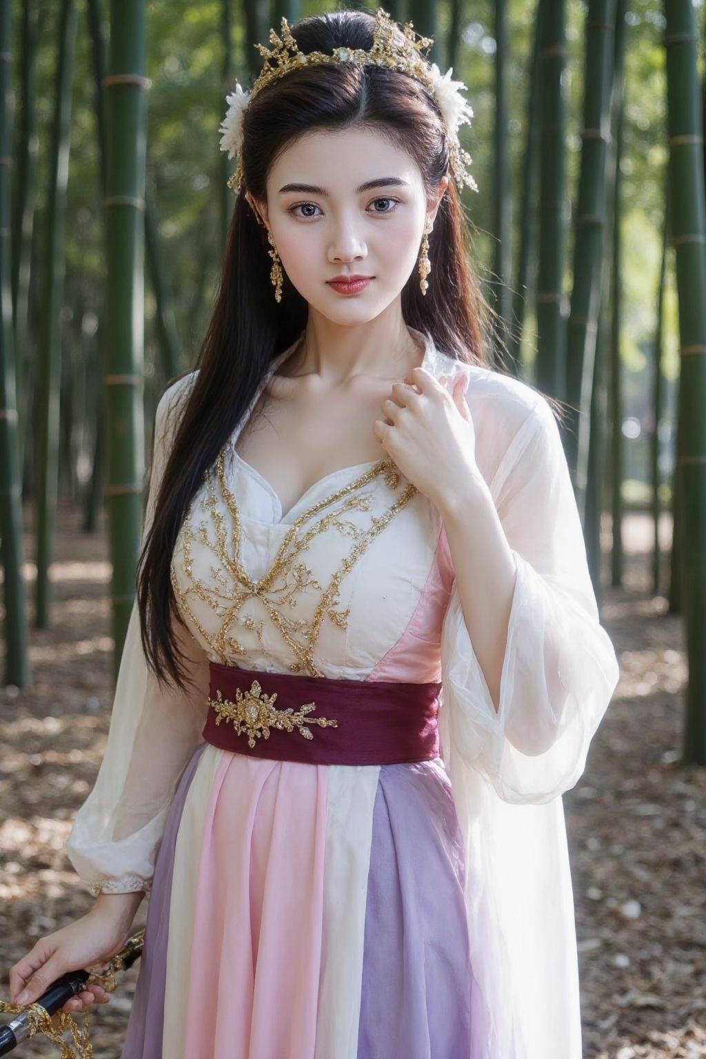 This is a high-resolution photograph of a young Asian woman standing in a serene bamboo forest. She is dressed in an elaborate,traditional Chinese qipao gown with a V-neck and long,flowing sleeves. The gown is **** of a soft,translucent fabric in pastel shades of white,pink,and lavender,adorned with intricate golden embroidery. A deep burgundy sash cinches the waist,adding a bold contrast to the delicate fabric. Her long,straight black hair is styled in an elaborate updo,adorned with white and gold floral hairpins and a delicate white flower headpiece.,In her right hand,she holds a traditional Chinese sword,its hilt wrapped in intricate golden threads,and its blade gleaming in the soft,diffused light. The background is a dense bamboo forest,with tall,green bamboo stalks that create a natural,serene atmosphere. The forest floor is covered in fallen leaves and scattered petals,adding to the ethereal ambiance. The light filtering through the bamboo creates soft,dappled shadows,enhancing the tranquil and mystical atmosphere. The overall composition is rich in detail,texture,and color,capturing a moment of peaceful strength and elegance., <lora:girlslikeflux_ljx:0.9>
