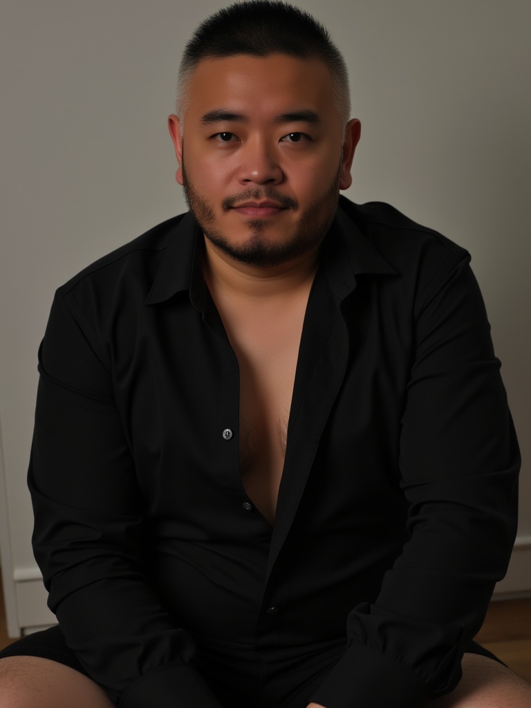EUCUBIRONM,A man in a black shirt sitting on his knees with an unbuttoned top,revealing part of himself.,
