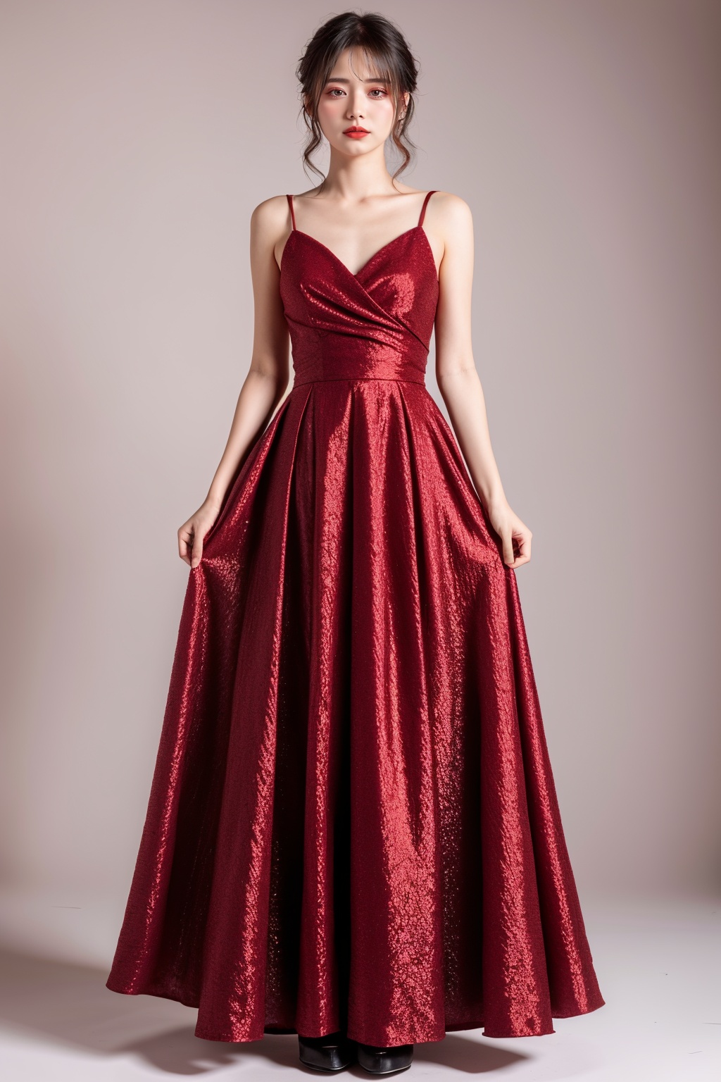 1girl,jewelry,(red evening dress:1.2),iridescence,upper body,white background,photo,(standing:1.3),(look at the front:1.3),