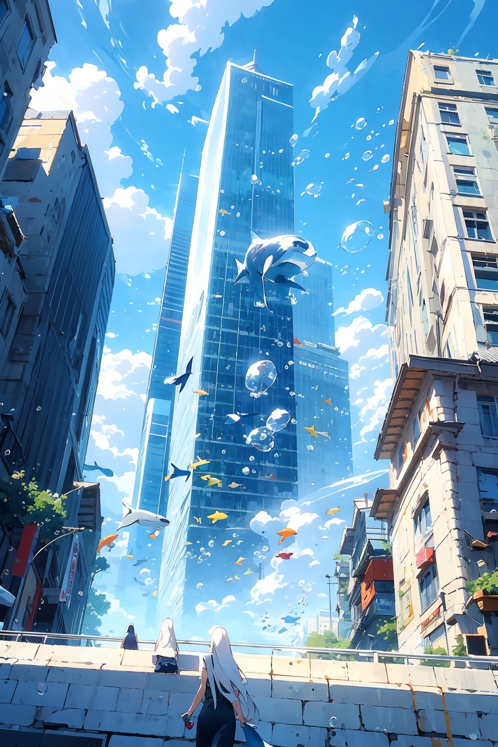 long_hair,multiple_girls,white_hair,outdoors,sky,day,cloud,blue_sky,building,scenery,fish,bubble,city,underwater,skyscraper,whale,