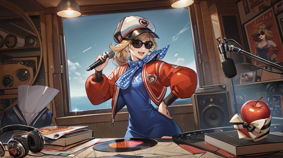 (best quality), ((masterpiece)), (highres), illustration, original, extremely detailed, <lora:GAME美学のTOP_重返未来:0.7>1girl, sunglasses, jacket, food, blonde hair, hat, bow, solo, microphone, hand on hip, fruit, white headwear, open mouth, smile, apple, headphones, long sleeves