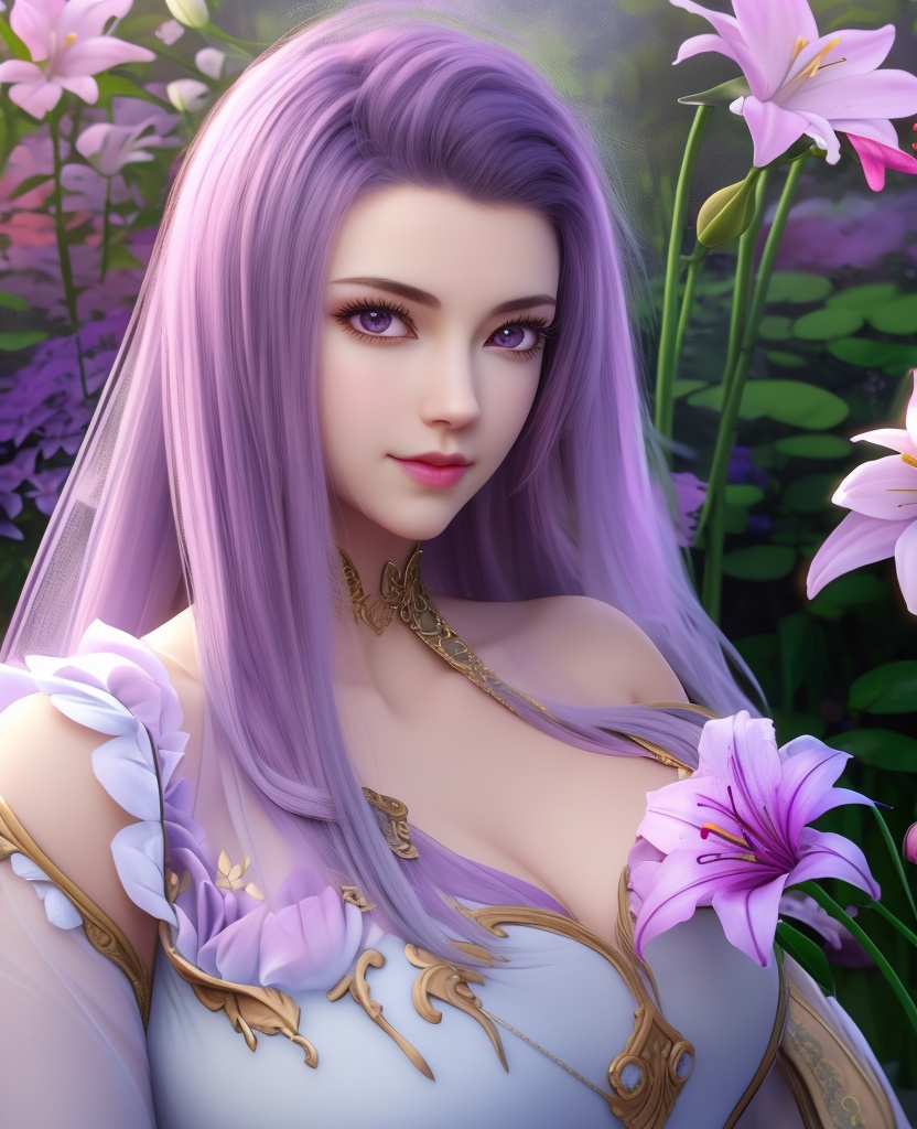 <lora:645-DA-超神学院-鹤熙:0.8>(,1girl, ,best quality, ),looking at viewer,  ,ultra detailed 8k cg,ultra detailed background,ultra realistic 8k cg,1girl, solo,(bare shoulders:0.85),(masterpiece, best quality),((oil painting style)),sexy young lady,(beautiful face and eyes),(upper body:1.5),(whole body:1.05),(single person:1.2),surrounded by flowers, (lily), roses, floret, vegetation, white, purple, purplish pink,Impressionism,colorful,(Breast size:1.3),(cleavage),