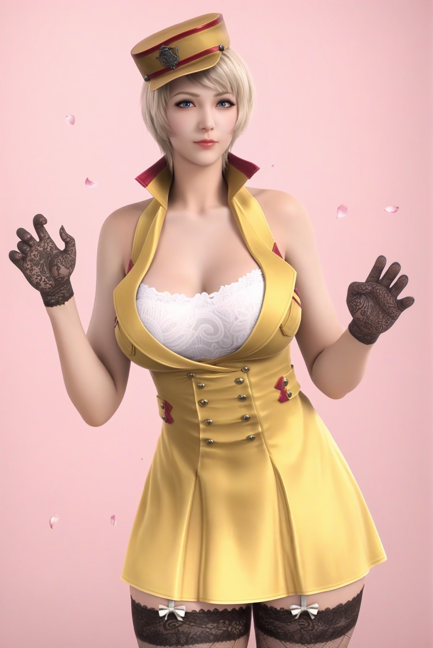 (score_9),plump,curvy,mature female,<lora:潜-灵狐-pony:0.85>,1girl,solo,blonde hair,short hair,blue eyes,halter dress,white bra,lace bra,high collar,bare shoulders,military hat,lace-trimmed legwear,fishnet thighhighs,garter straps,black gloves,lace gloves,thick thighs,collarbone,cat_pose,(claw_pose),looking at viewer,BREAK<lora:e肤色滑块:0.8>,(white_skin),(sweaty skin),(Ivory_skin),light_skin,very sweaty,(pale_skin),(fair_skin),twig,branch,falling petals,simple background,black background,rim light,Volumetric Lighting,lens flare,Tyndall effect,depth of field,bokeh,sparkle,