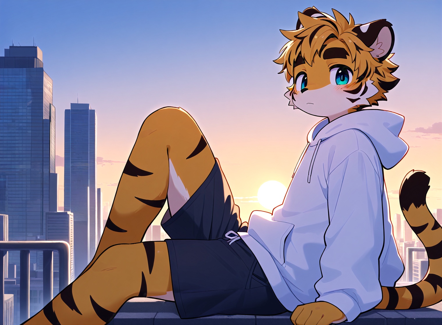 safe_pos, furry male, male focus, solo, thick eyebrows, furry, tiger, cute, zoom in, close up, looking at viewer, from side, sunny, sitting, anthro, kemono, on top of a skyscraper, sitting on the edge, direct sun light, windy, thick eyebrows, facial hair, one knee up sitting position, outdoor, casual clothing, white hoodie, futuristic, colorful BREAK very aesthetic, masterpiece, very impressive background, best quality, high quality, absurd res, high detail, smooth drawing,