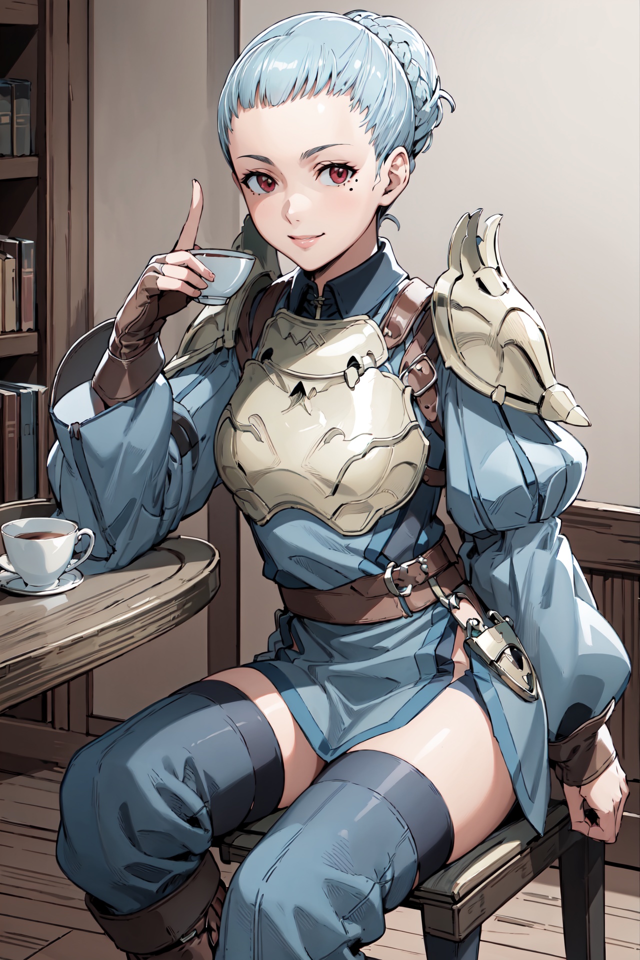 tea cup,  drinking,  table sitting the chair on Tensor.Art