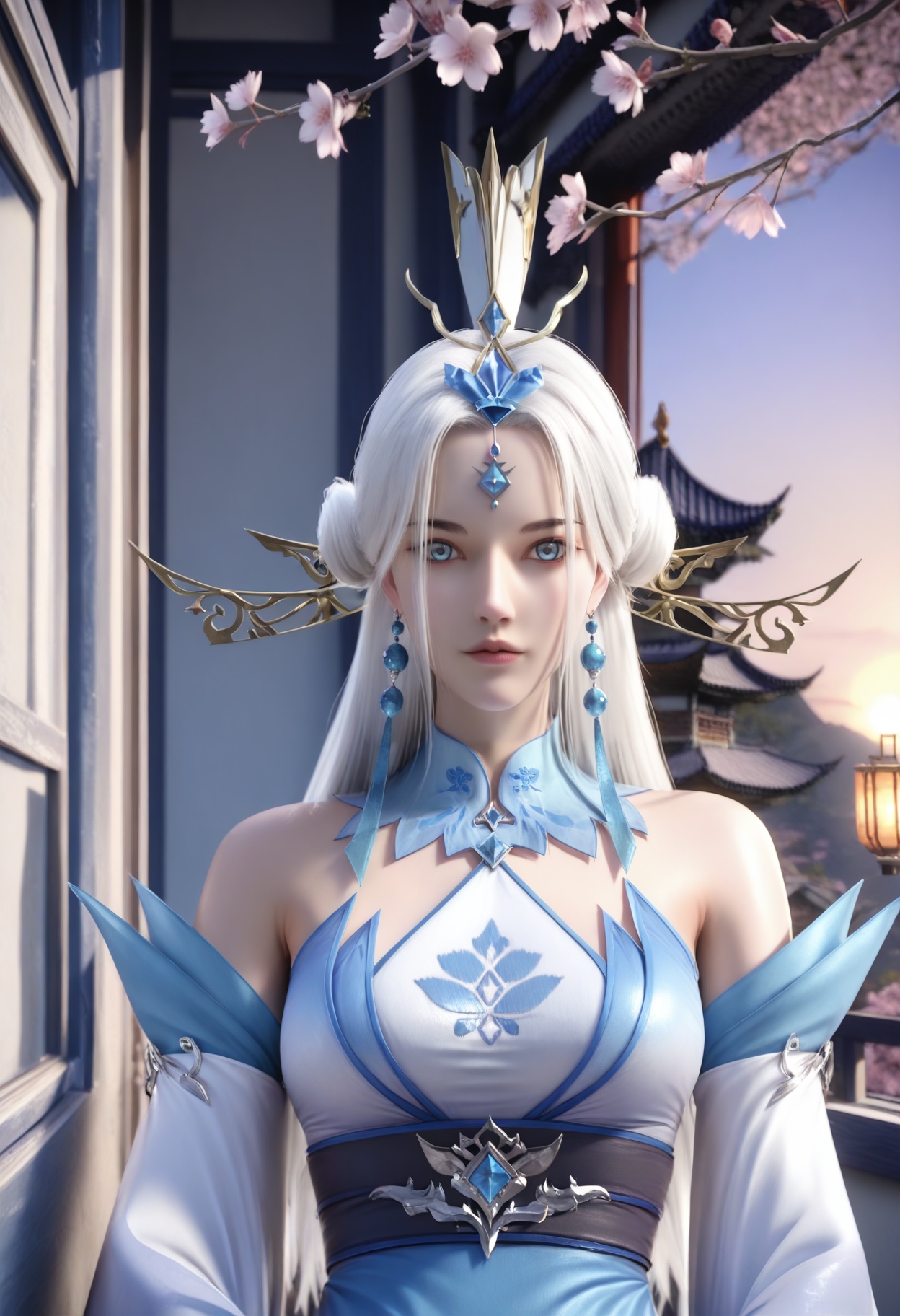 Donghuang_taixin,1girl,hair ornament,white hair,long hair,earrings,jewelry,bare shoulders,bare legs,blurry background,gem,circlet,hair stick,<lora:Donghuang_taixin_10_illu-000005:0.75>,dress,white dress,blue dress,detached sleeves,sash,chinese clothes,wide sleeves,ribbon,photorealistic,hyperrealistic,<lora:realistic filter [IL]:1>,(pale skin:1.1),looking at viewer,standing,(upper body:1.5),close up,head shot,lantern,open window,looking at viewer,indoors,mountains,blossoms,flowers,east asian architecture,beautiful sunrise,warm ambient temperature,