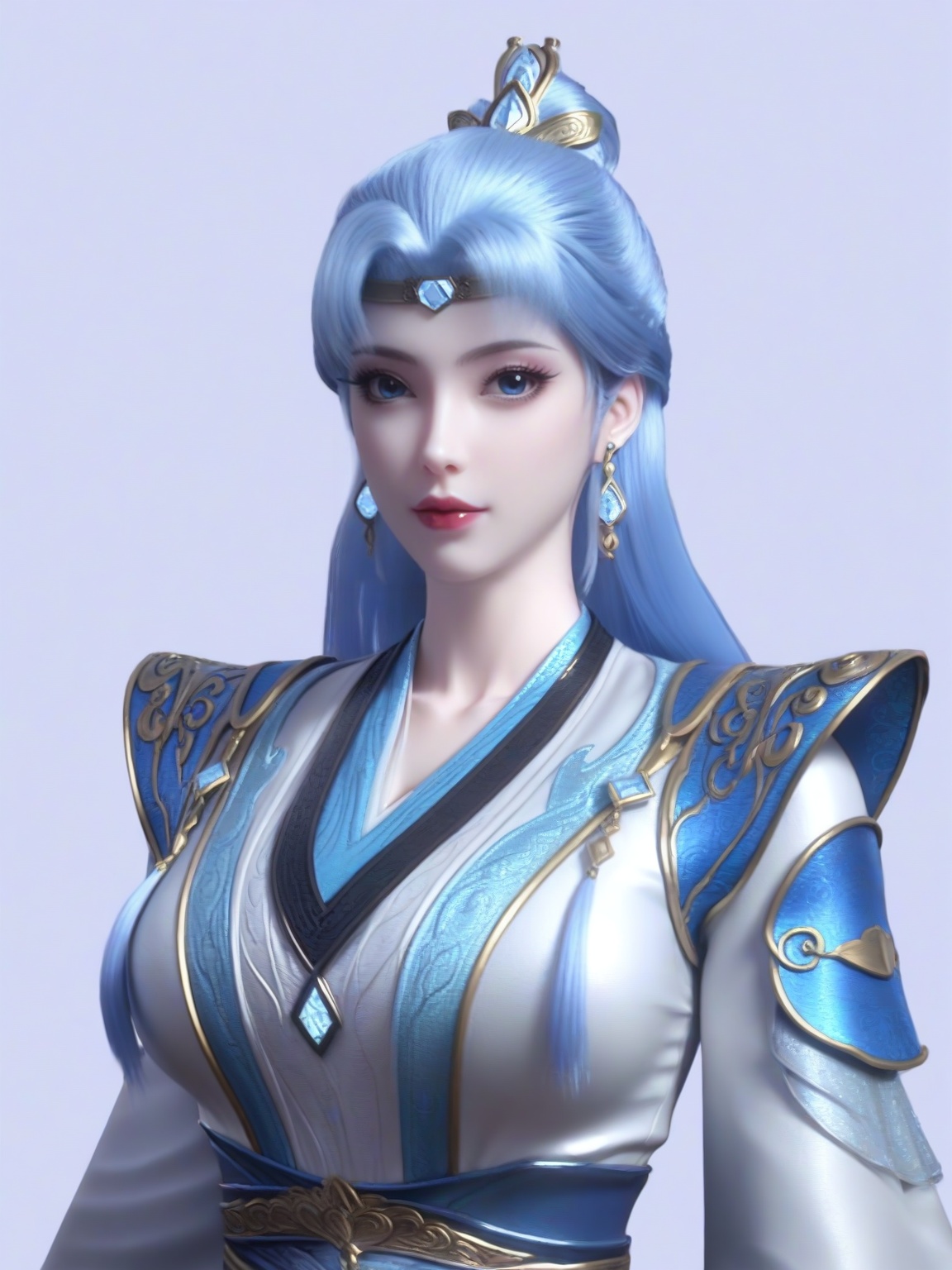 score_9,1girl,solo,dress,long hair,standing,earrings,hair ornament,blue hair, eyelashes, large breasts,enchanting expression,standing,lipstick,upper body,looking at viewer,simple background,<lora:SF_DieGe_Pony_Realism2.3-000004:0.7>,