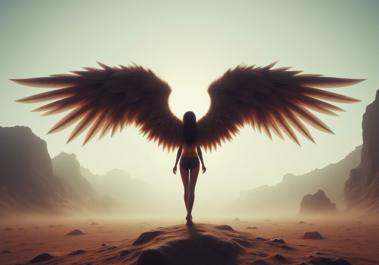 AngelDreamFlux,  The image features a woman with long,  angelic wings walking through a desert-like setting. The woman is...