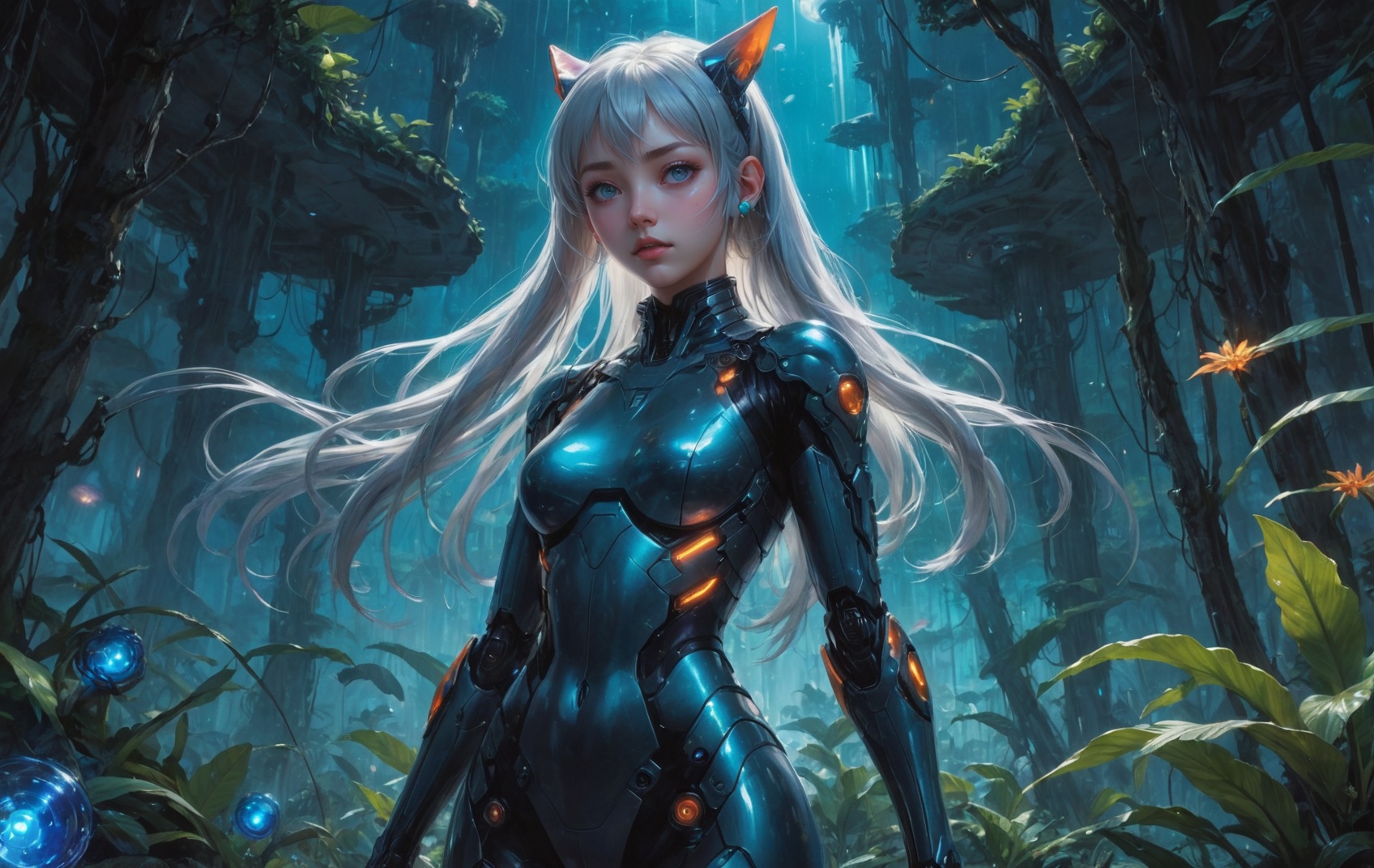 anime style, 1girl, blunt bangs, high ponytail, silver hair, pointy ears, in the depths of a bioluminescent alien jungle, [evangelion:cyberpunk edgerunners:0.5], reflective transparent iridescent opaque clothing, long sleeves, flowing dress, long skirt, very aesthetic, highres, 4k, 8k, intricate detail, cinematic lighting, amazing quality, amazing shading, detailed Illustration, official artwork, wallpaper, official art, extremely detailed eyes and face, beautiful detailed eyes, from below, full body, thigh gap, <lora:aesthetic_anime_v1s:1>