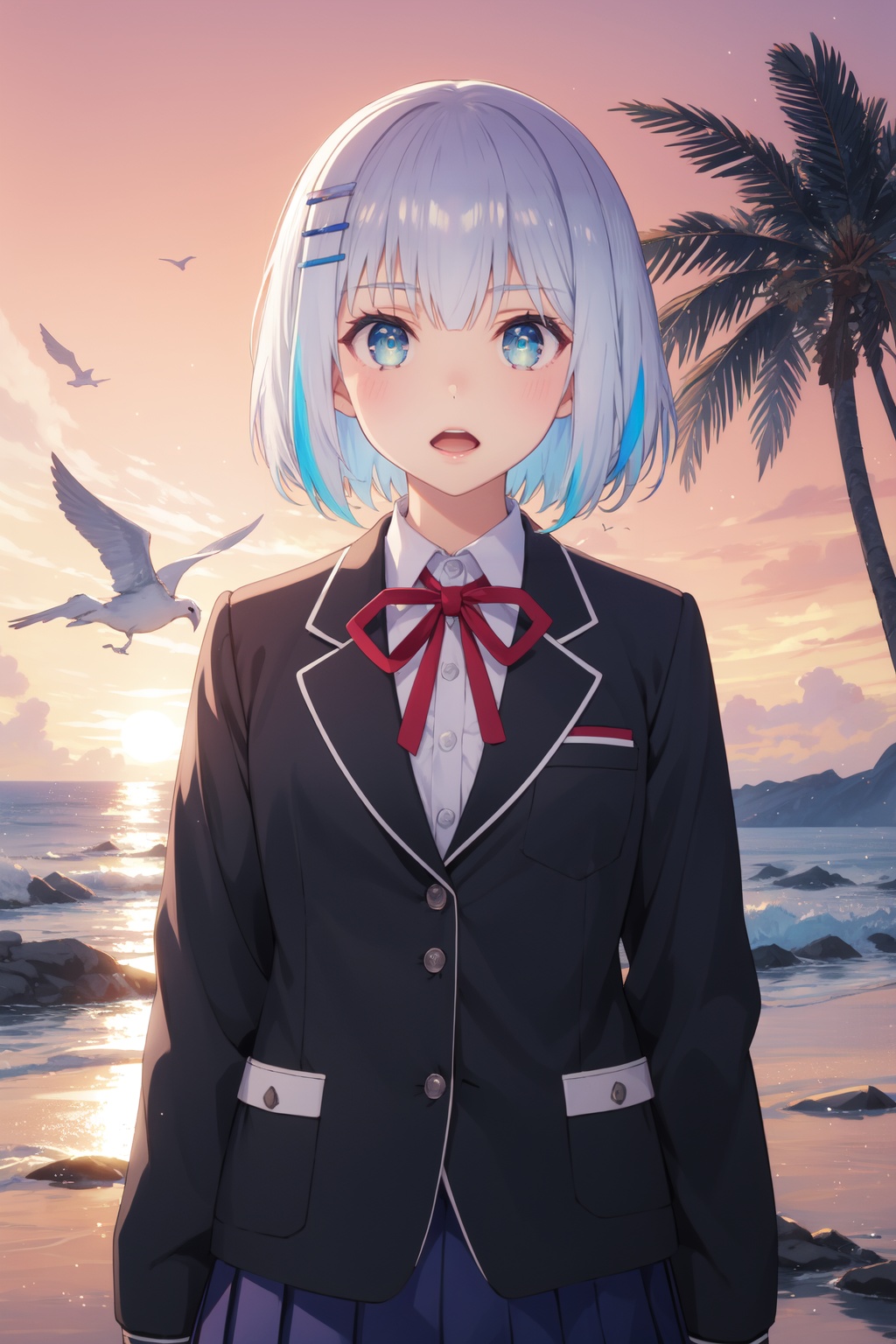 <lora:Origami-000007:0.8>,Origami cyql,1girl,looking at viewer,solo,short hair,white hair,hairclip,hair ornament,blue eyes,school uniform,ribbon,blazer,jacket,skirt,pleated skirt,Disgusted, A wrinkled nose, raised upper lip, and a slightly open mouth.,bust,beautiful face,beautiful eyes,glossy skin,shiny skin,Beach, Sand, Waves, Sunrise, Palm trees, Seashells, Seagulls, Horizon,(Eucalyptus trees, Red soil, Koalas, Eucalyptus scent, Outback landscape, Aboriginal art:0.6),beautiful detailed sky,beautiful detailed glow,posing in front of a colorful and dynamic background,masterpiece,best quality,beautiful and aesthetic,contrapposto,female focus,wallpaper,fashion,