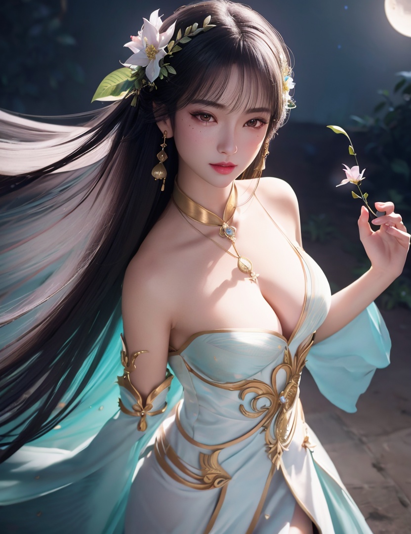 <lora:525-DA-斗破苍穹-萧薰儿-V2:0.8>(,1girl, ,best quality, ),looking at viewer,  ,,ultra detailed background,ultra detailed background,ultra realistic 8k cg, ,masterpiece, (( , )),, realistic,science fiction,mole, ultra realistic 8k cg, ,     ,crescent moon, jasmine \(flower\),     (cleavage), (), age), (),
